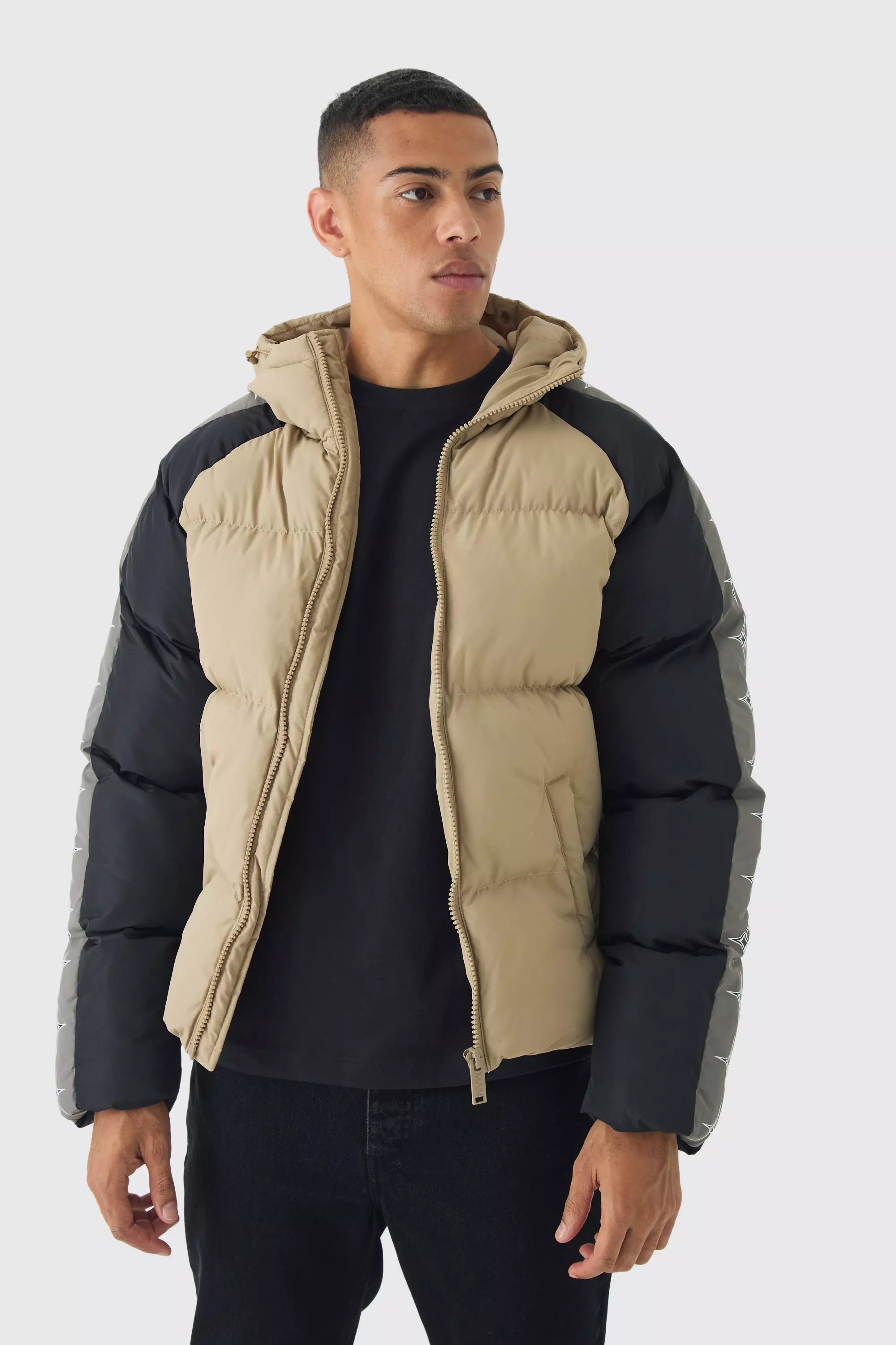 Worldwide Hooded Colour Block Puffer Coat In Stone boohooMAN IE