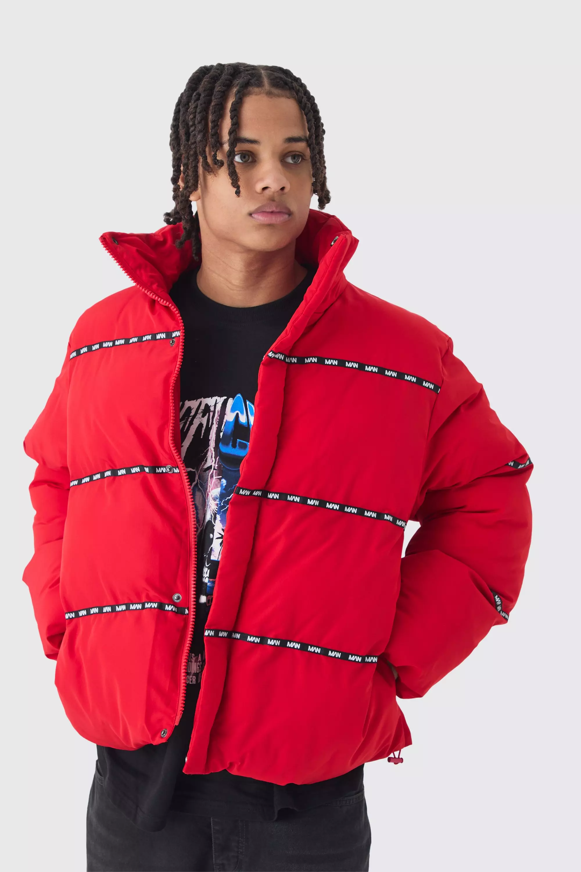 Man Tape Funnel Neck Puffer Coat In Red alternative image