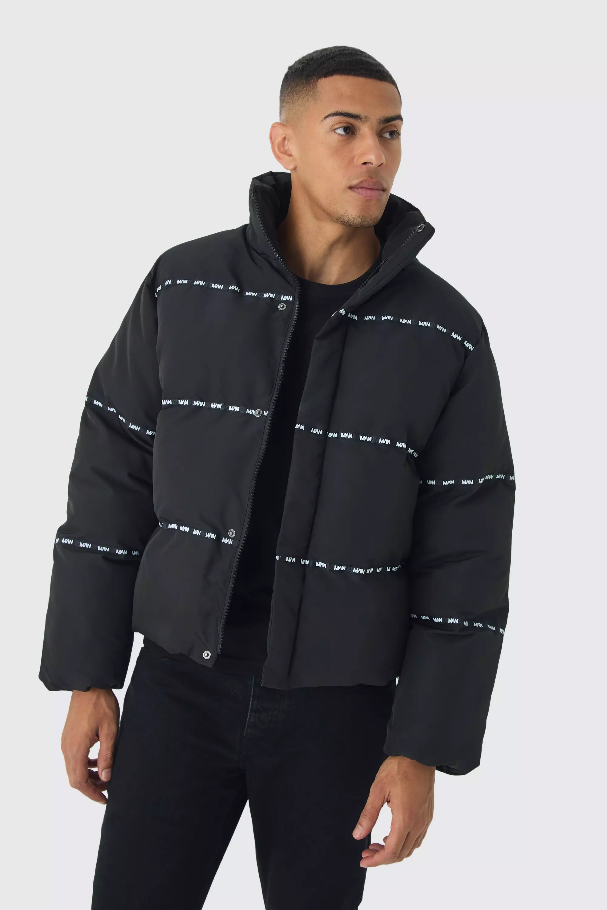 Black Man Tape Funnel Neck Puffer Coat In Black