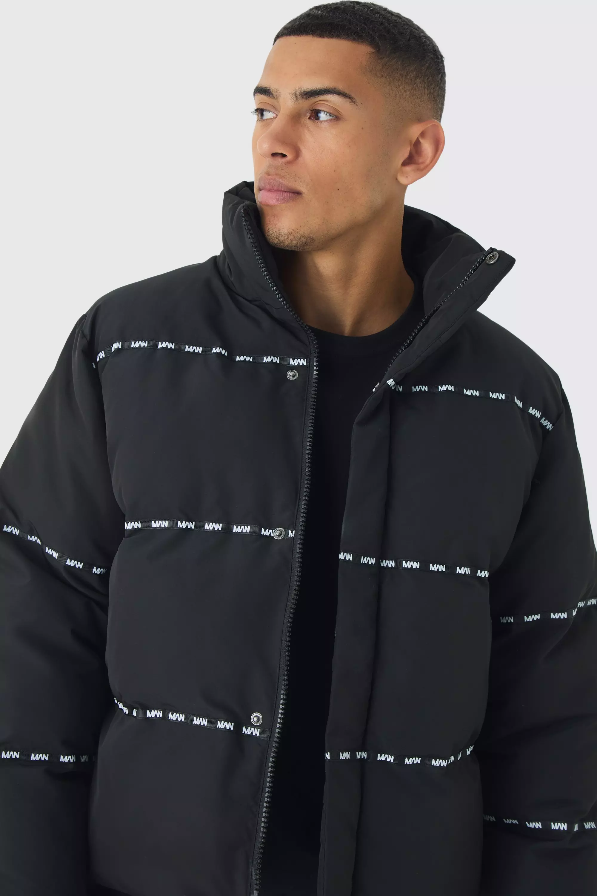 Man Tape Funnel Neck Puffer Coat In Black alternative image