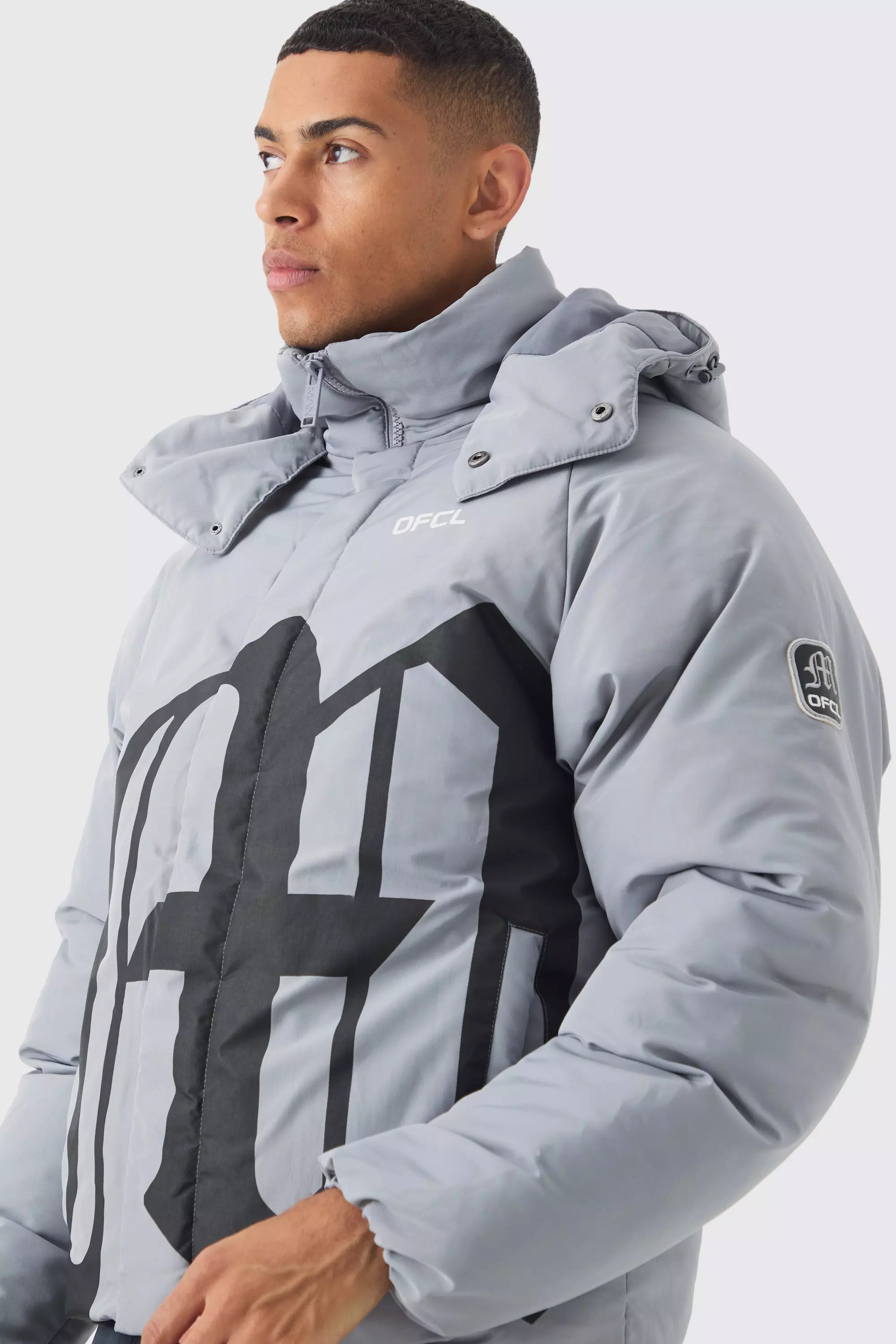 Gothic M Extreme Heavy Filled Hooded Puffer Coat In Grey boohooMAN