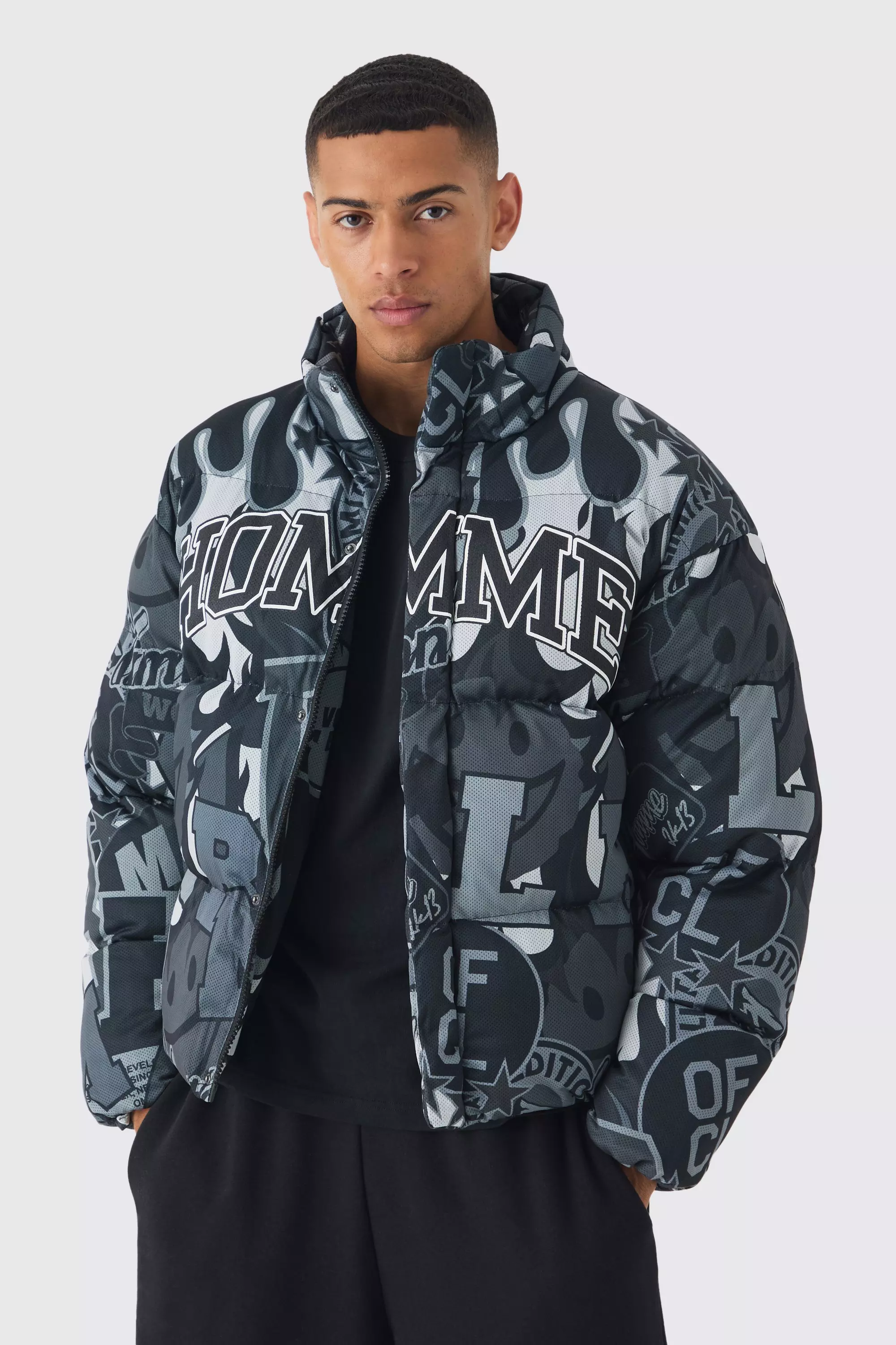Homme Printed Funnel Neck Mesh Puffer Coat In Black alternative image