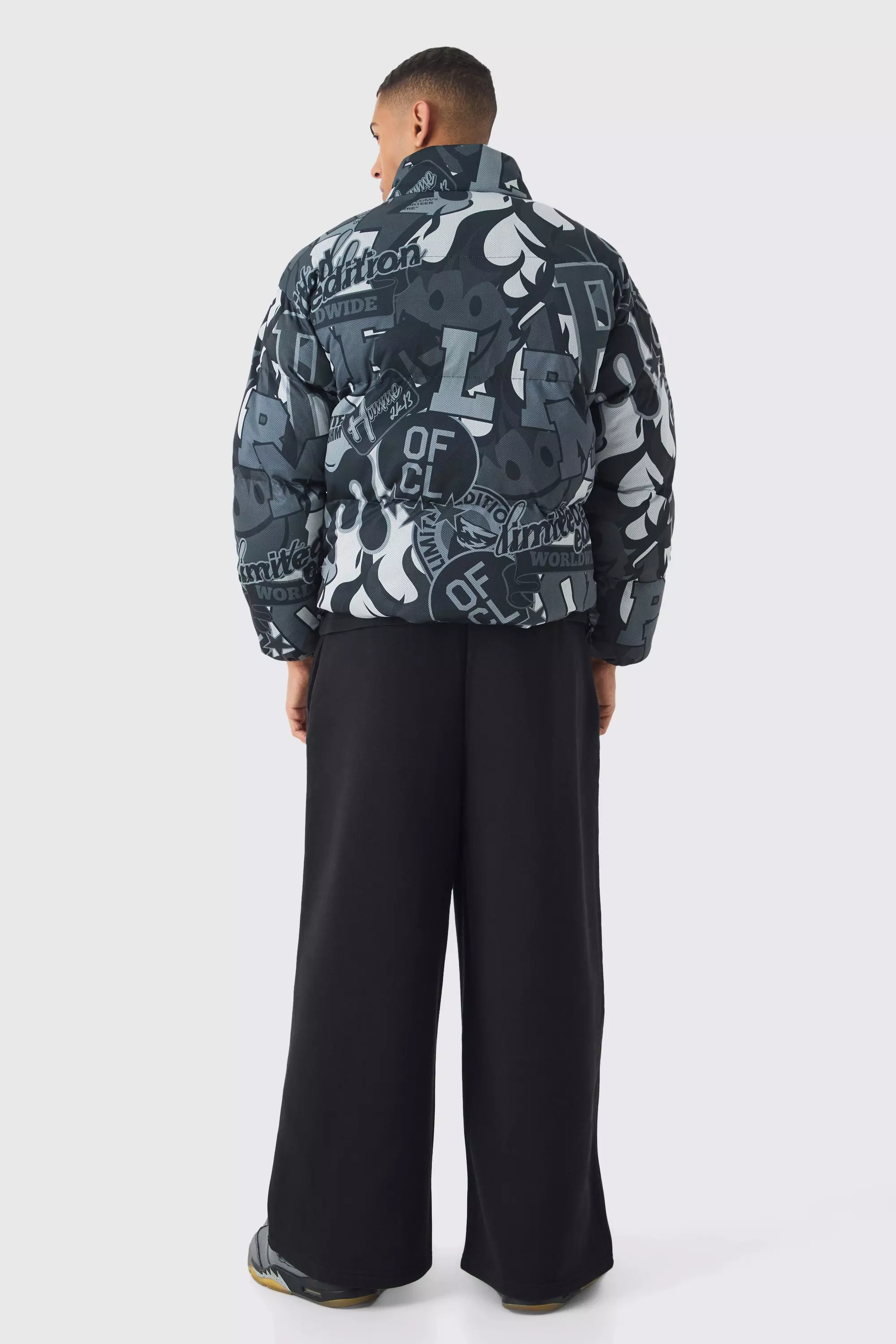 Homme Printed Funnel Neck Mesh Puffer Coat In Black alternative image