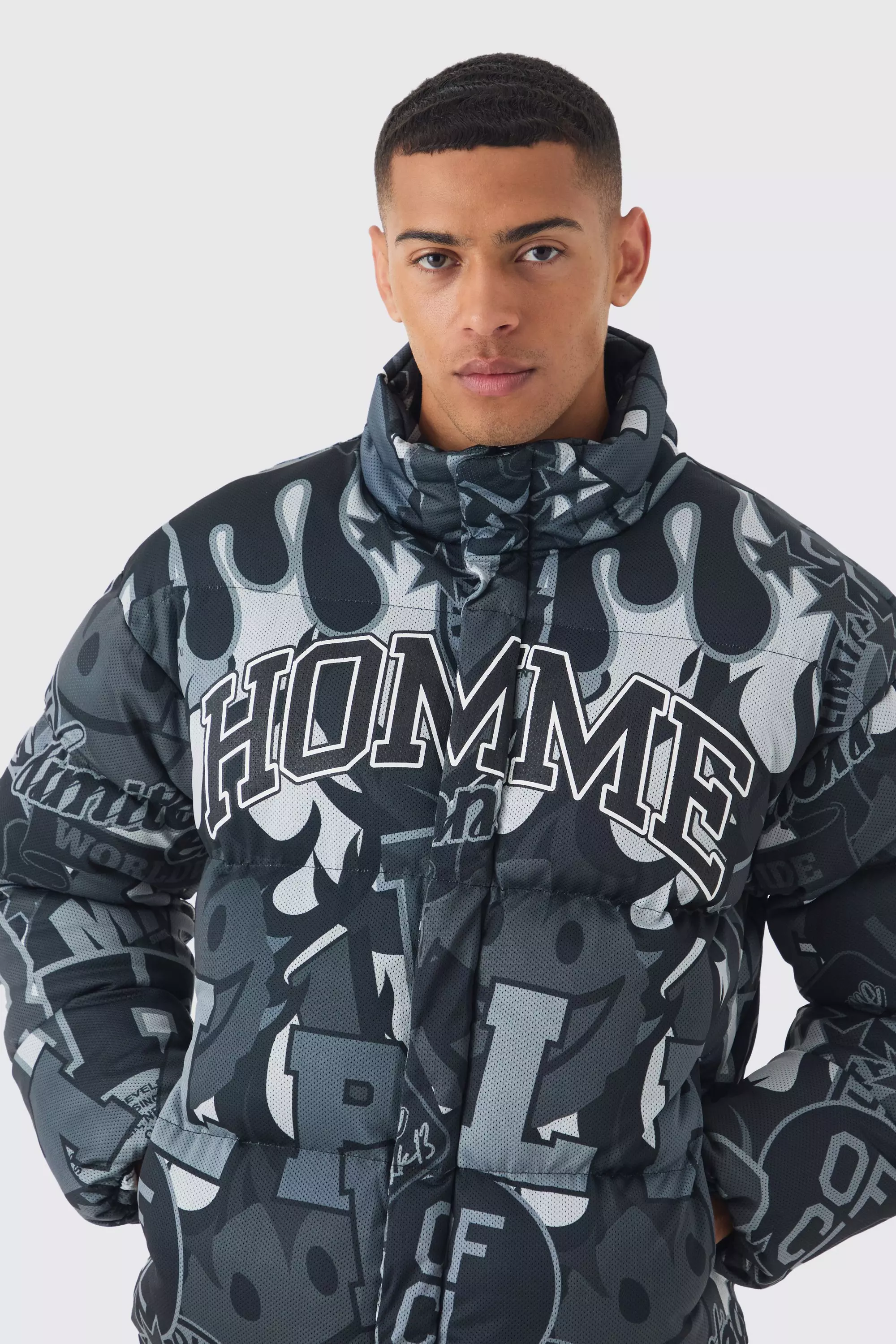 Homme Printed Funnel Neck Mesh Puffer Coat In Black alternative image
