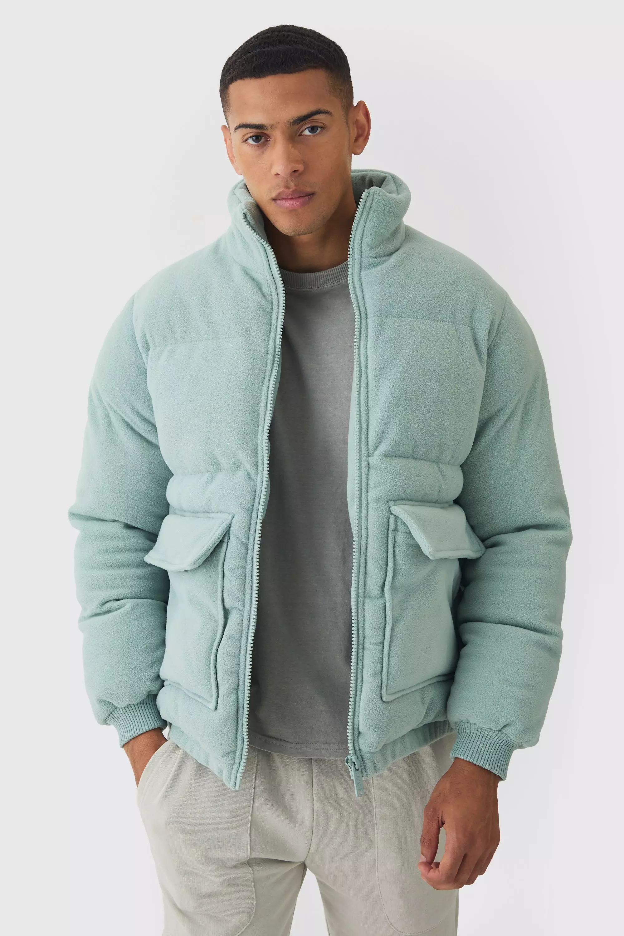 Fleece Funnel Neck Puffer Coat In Sage boohooMAN