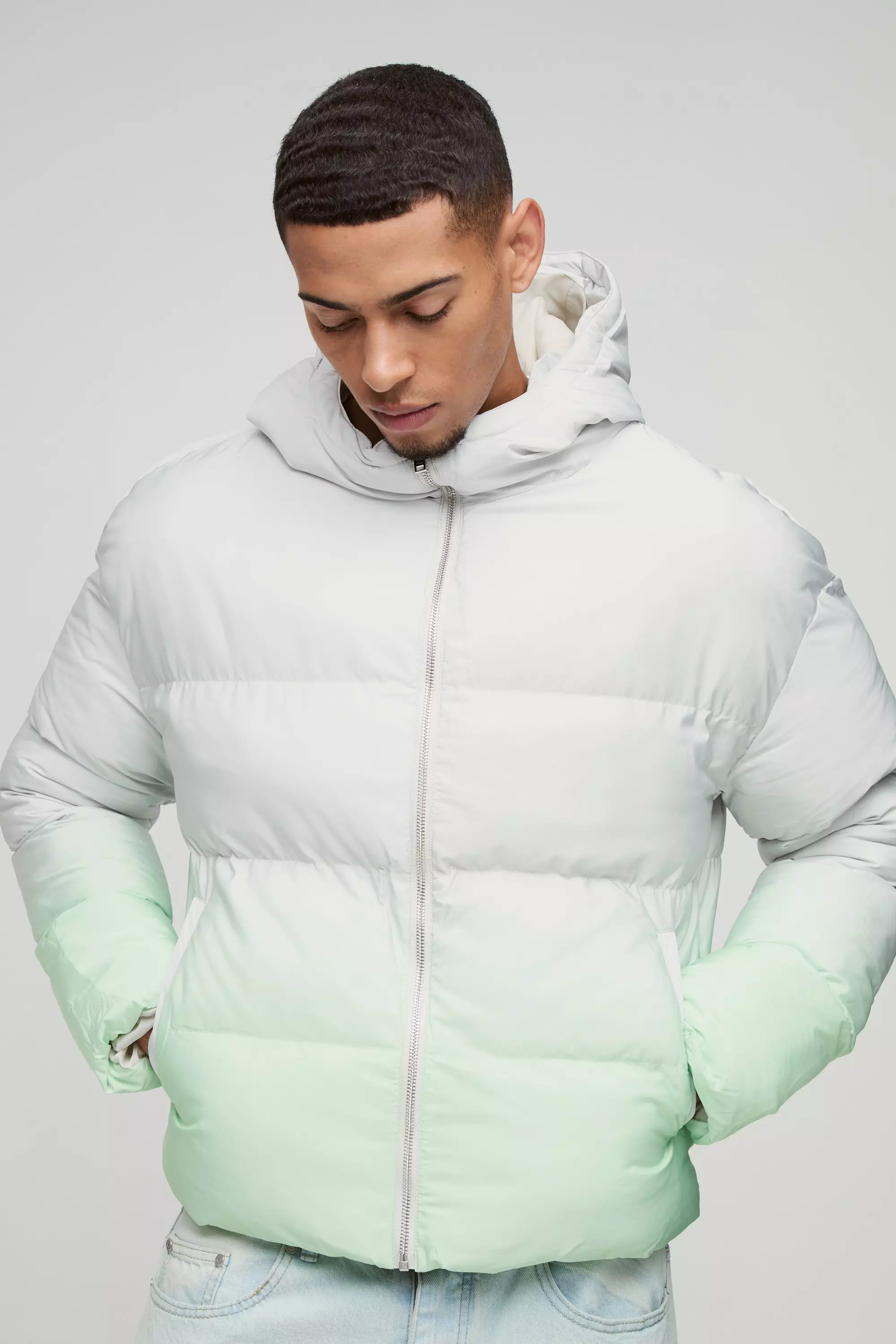 Boxy Ombre Hooded Puffer Coat In Ecru Ecru