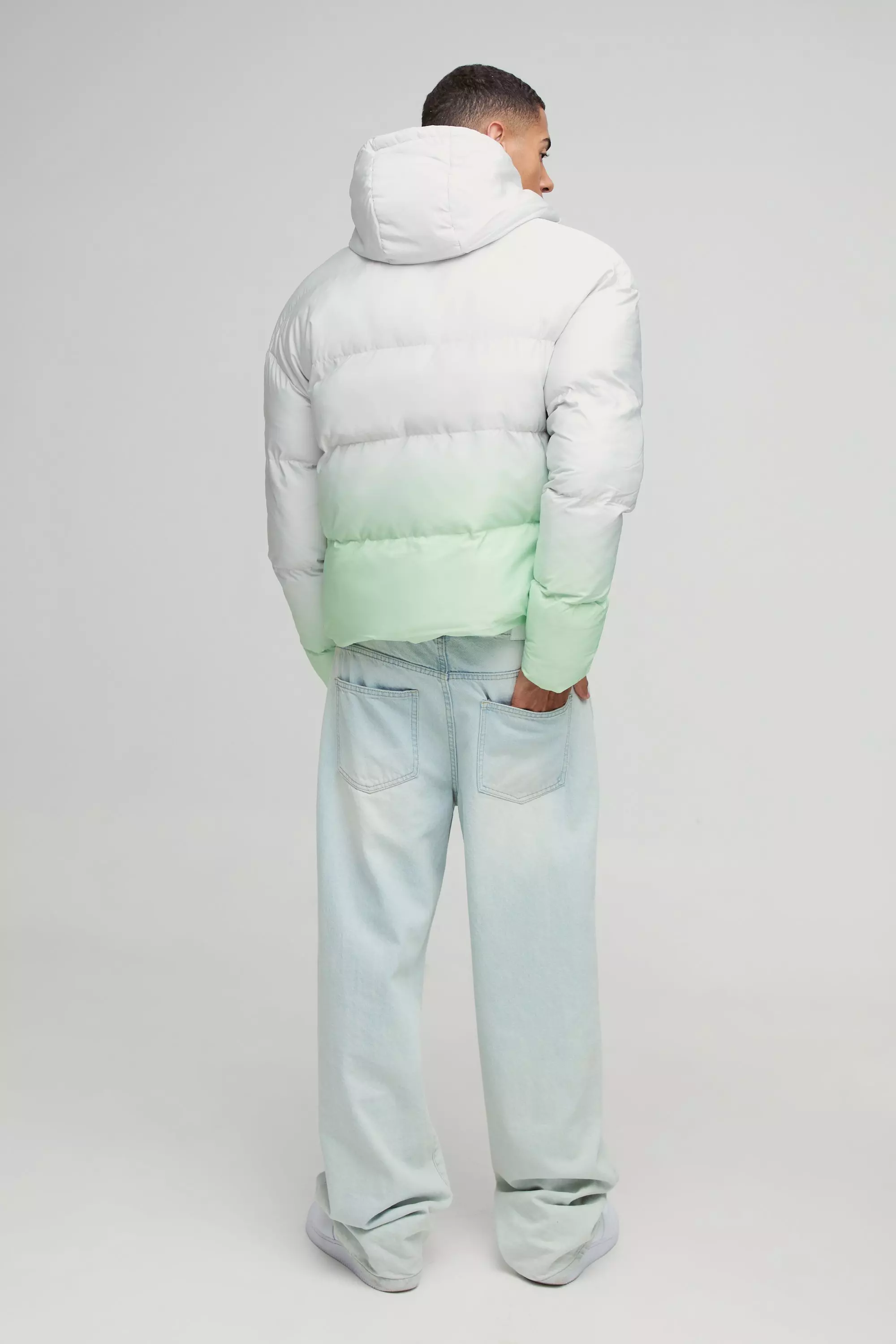 Boxy Ombre Hooded Puffer Coat In Ecru alternative image