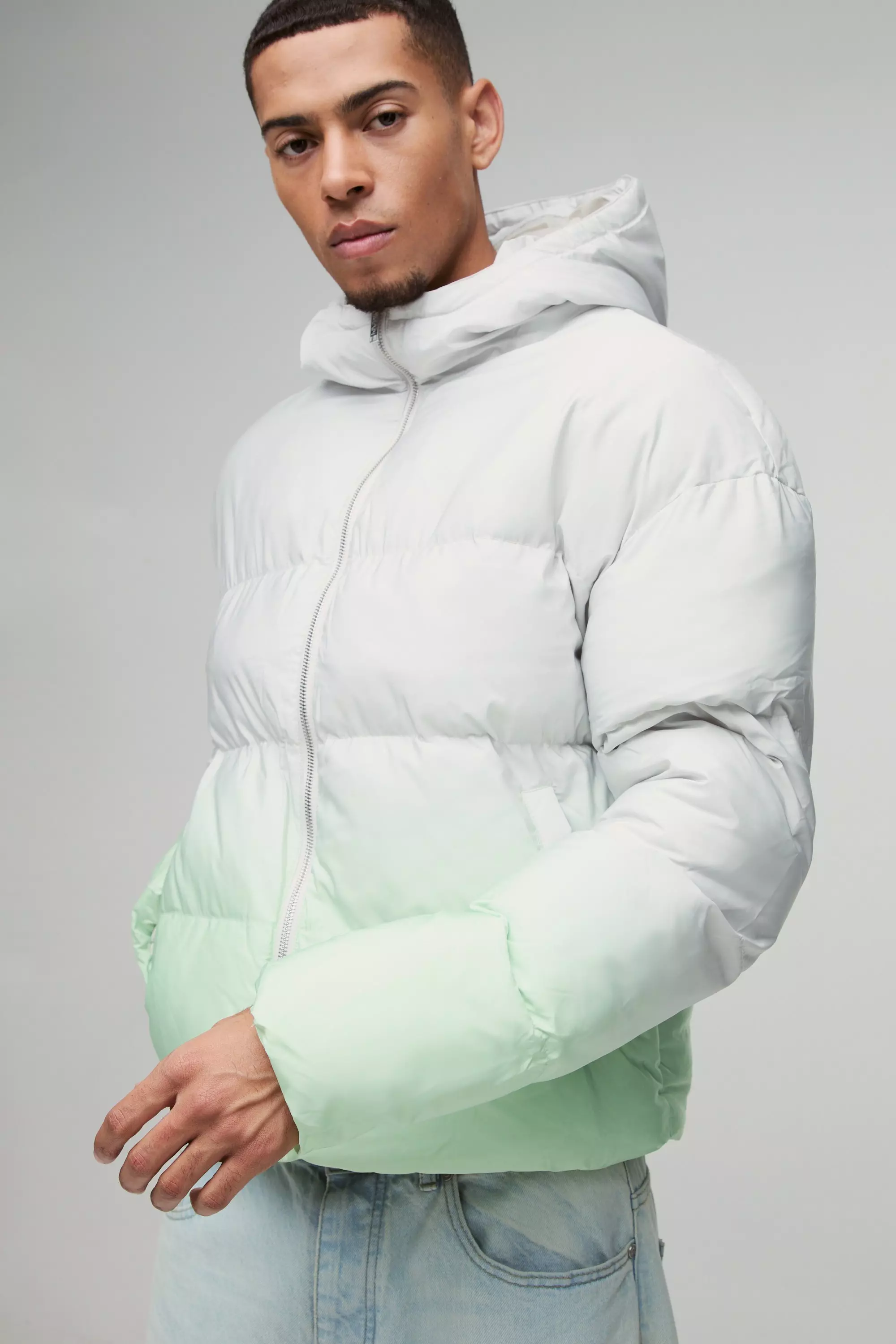 Boxy Ombre Hooded Puffer Coat In Ecru alternative image