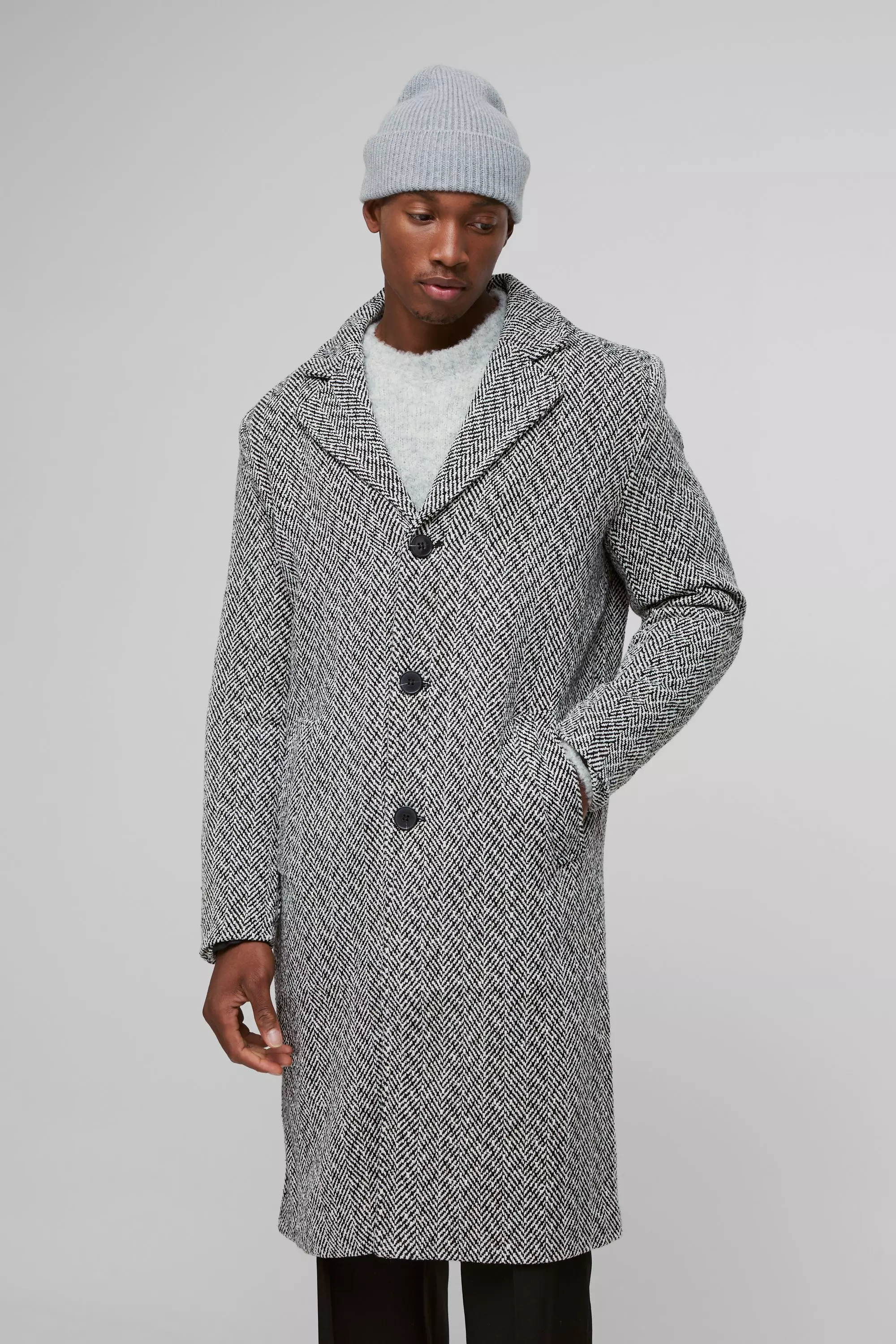 Herringbone Single Breasted Overcoat In Black Black