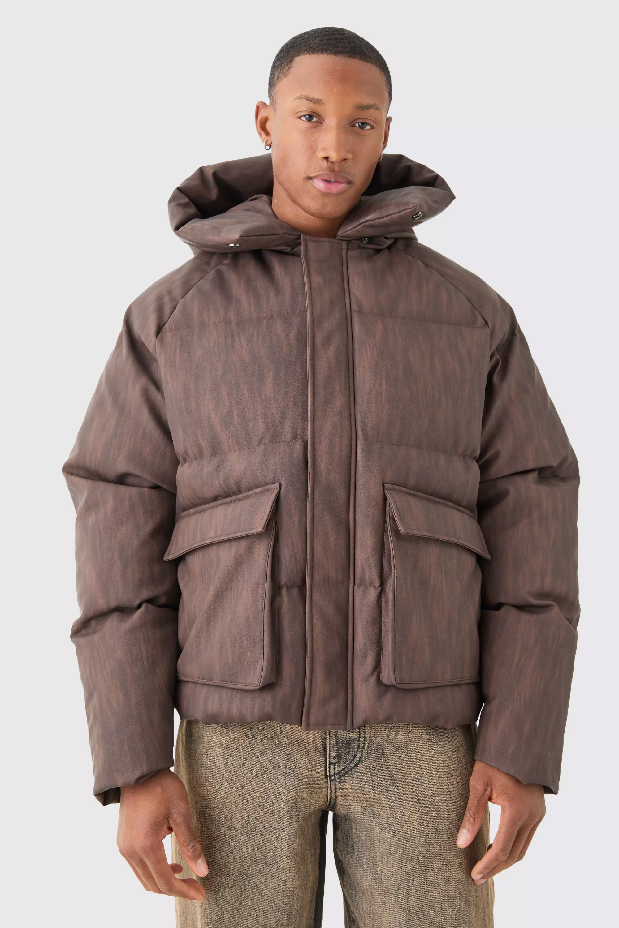 Mens Oversized Boxy Washed PU Hooded Puffer Coat in Brown