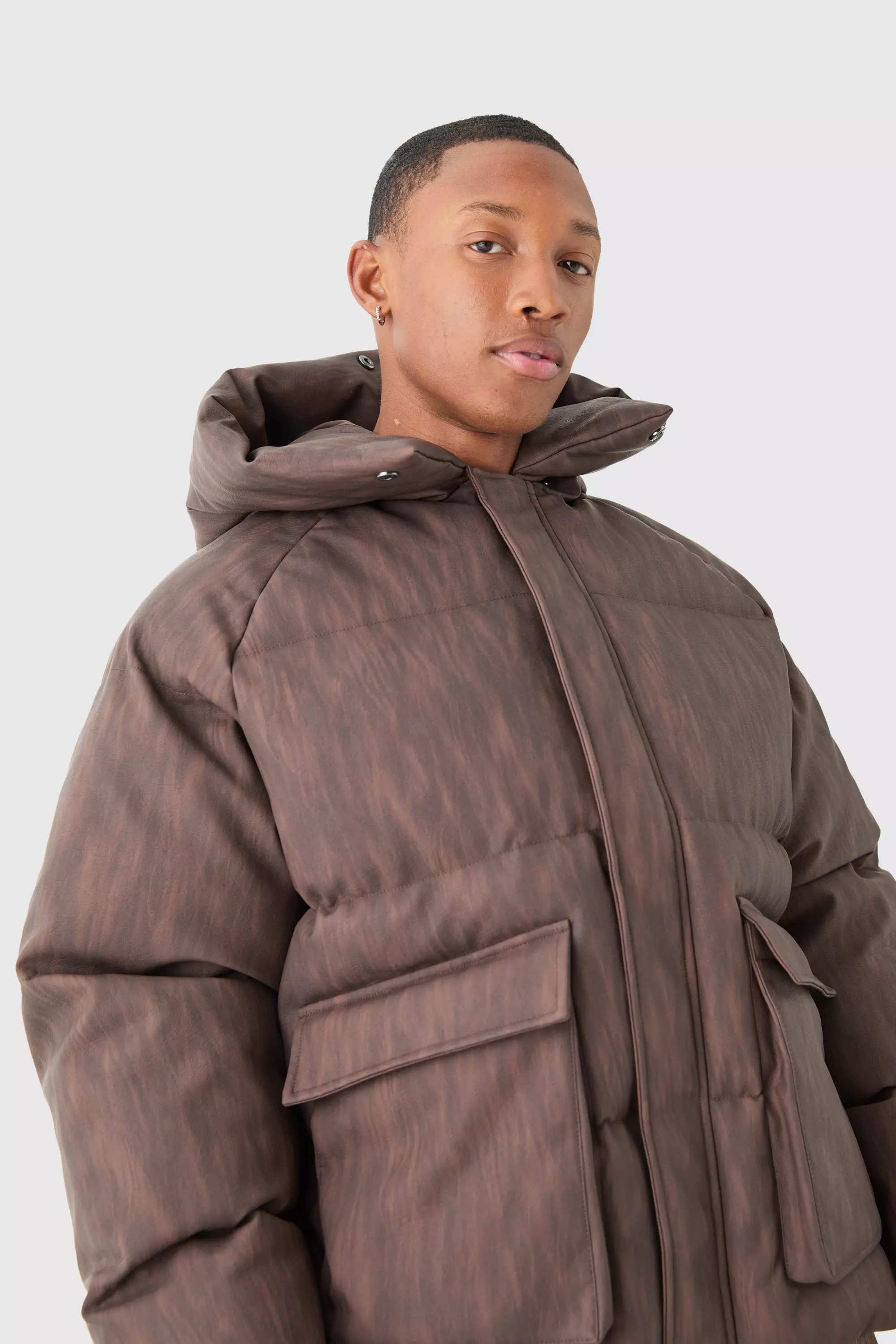 Kastiger Oversize PU-Steppmantel mit Kapuze, Brown alternatives Bild