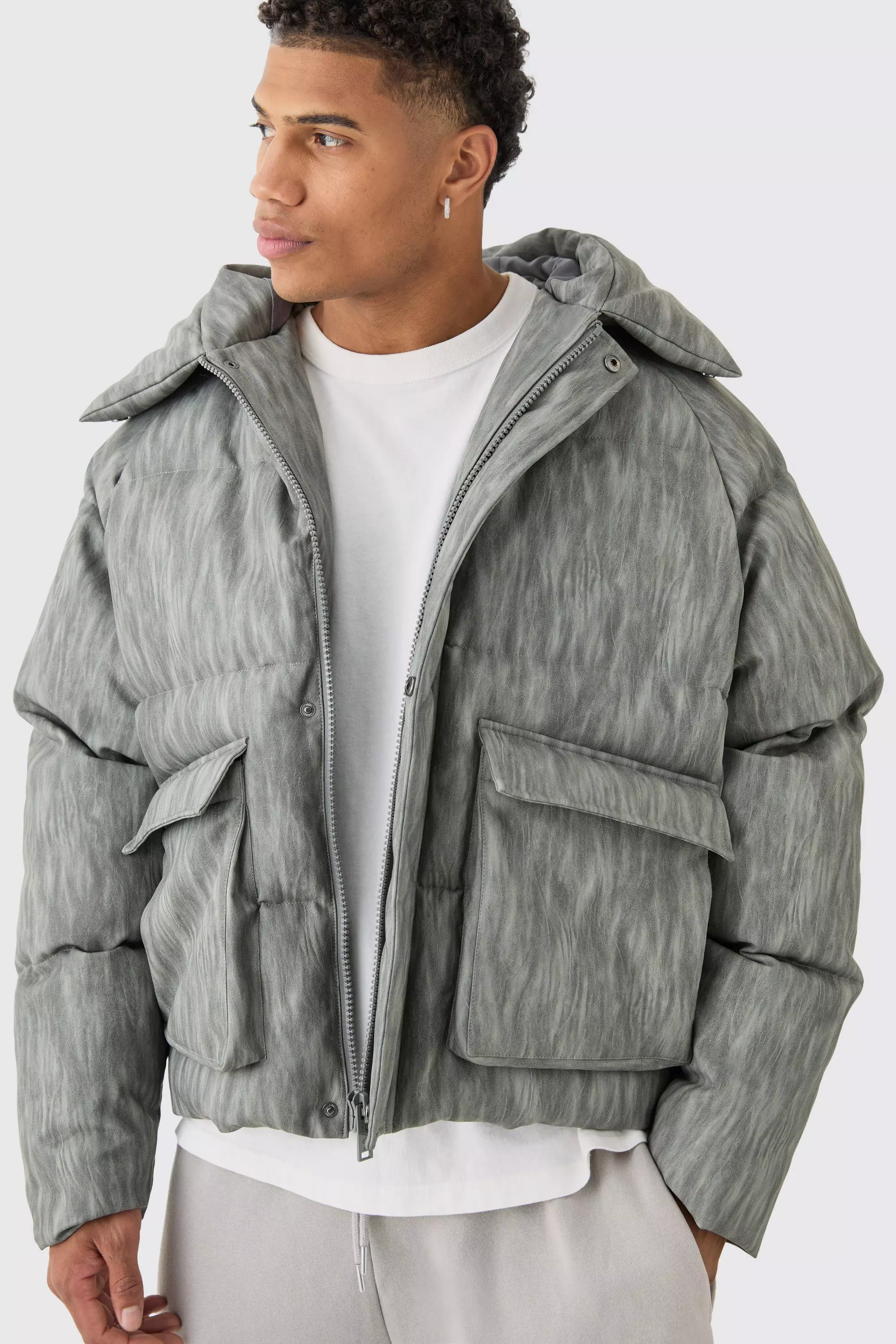 Oversized Boxy Washed Pu Hooded Puffer Coat In Grey boohooMAN AU