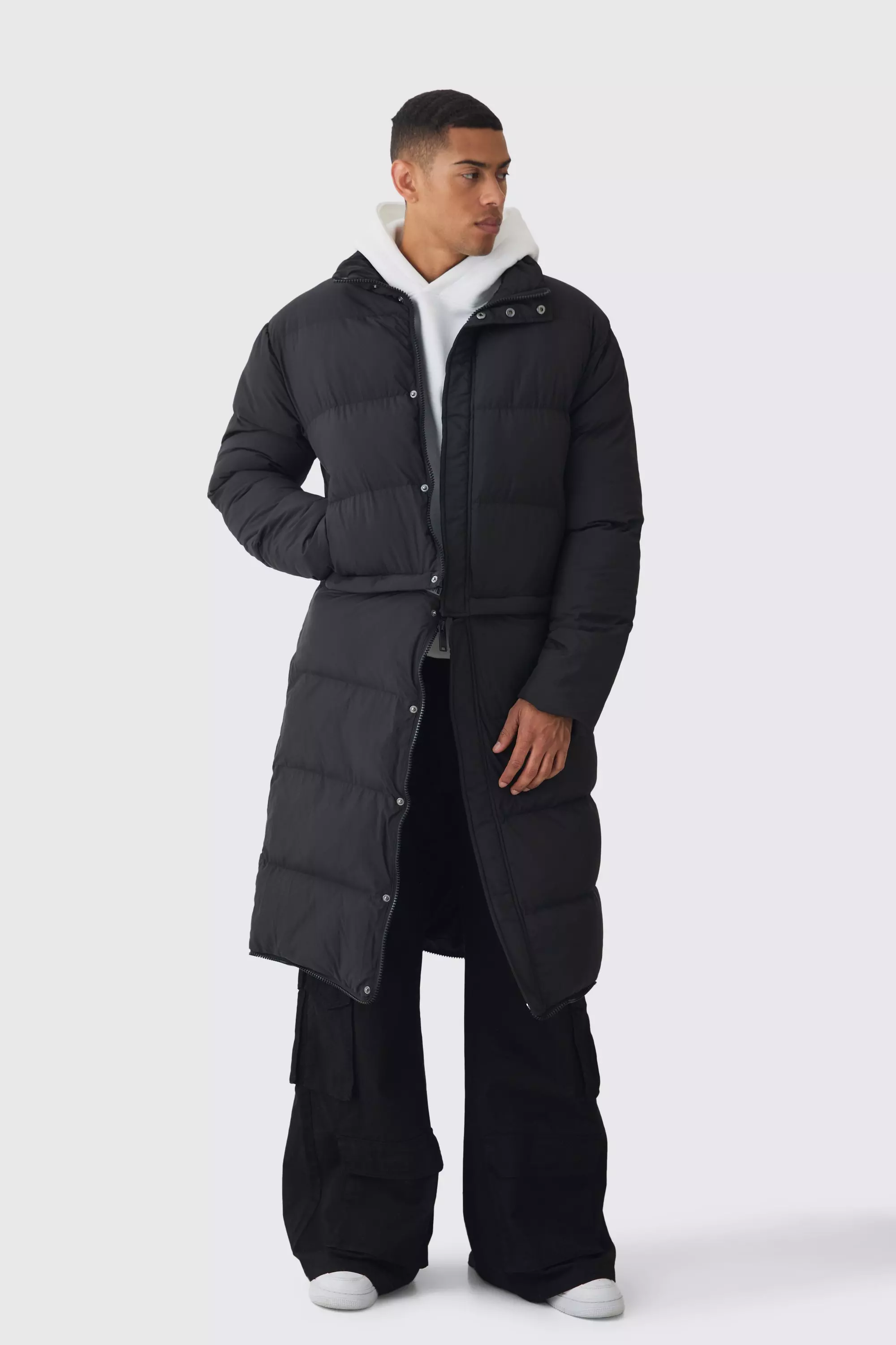 Black 3 In 1 Longline Puffer With Detachable Bag In Black