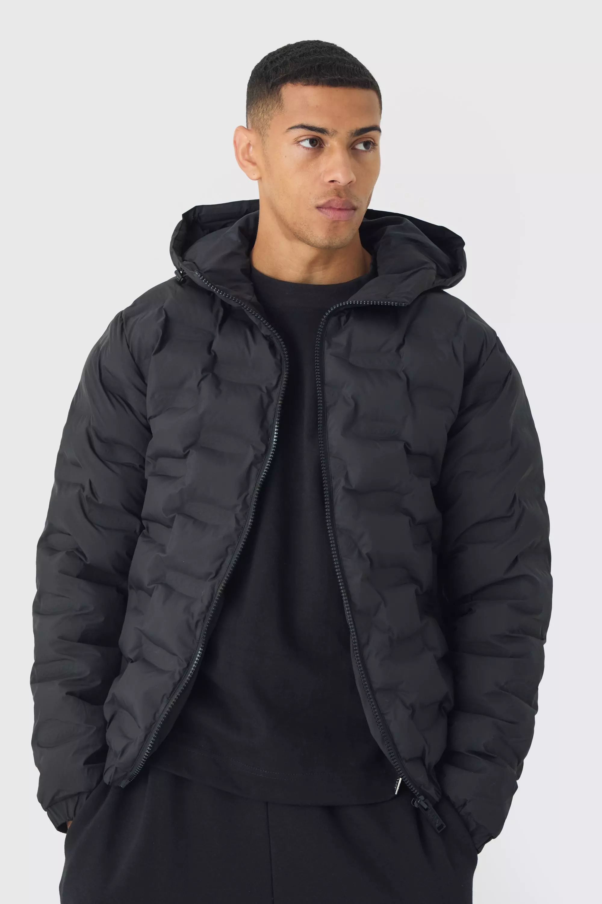 Black Man Heat Seal Hooded Puffer Coat In Black