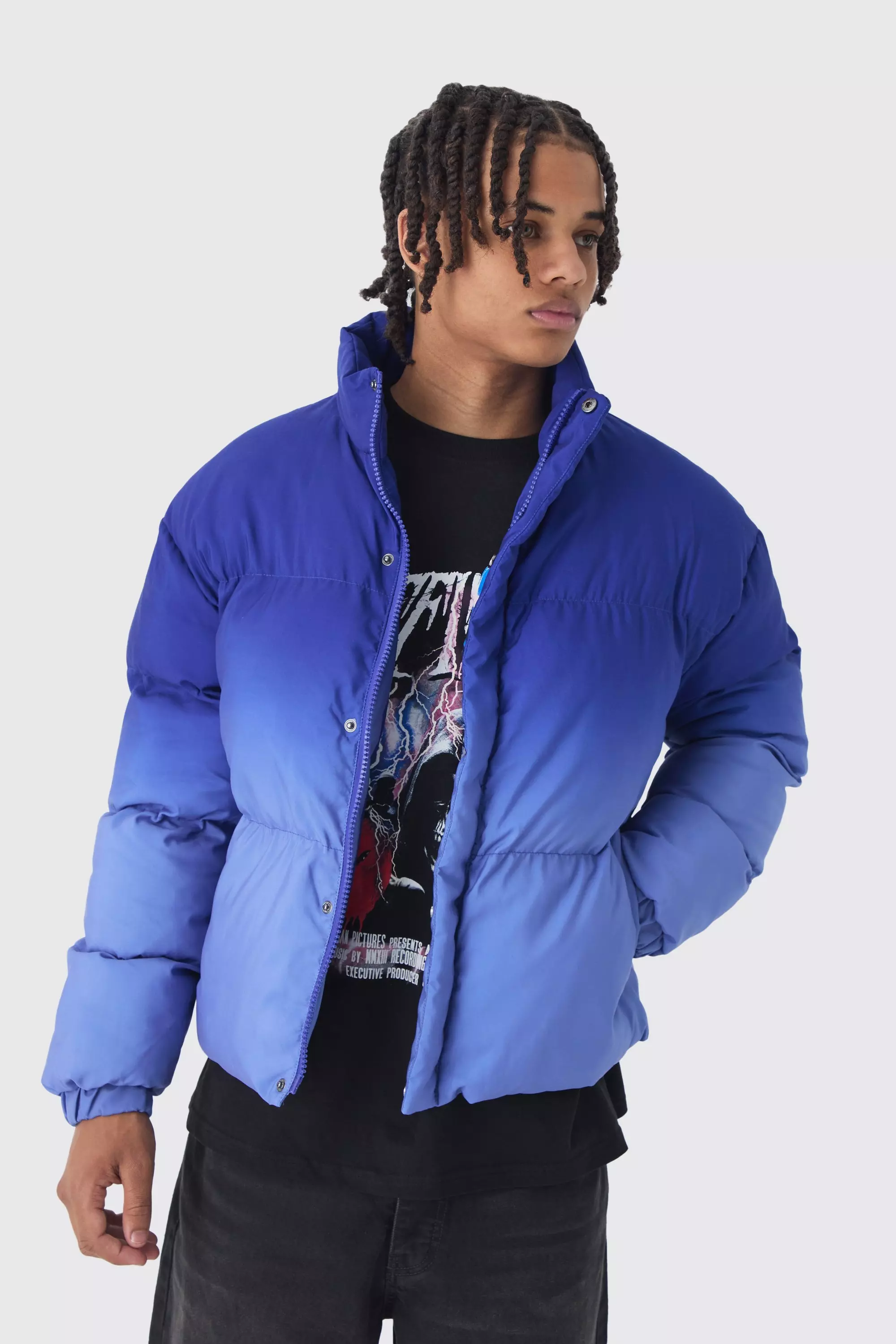 Piumino Squadrato Blu Sfumato Con Collo A Imbuto, Blue immagine alternativa