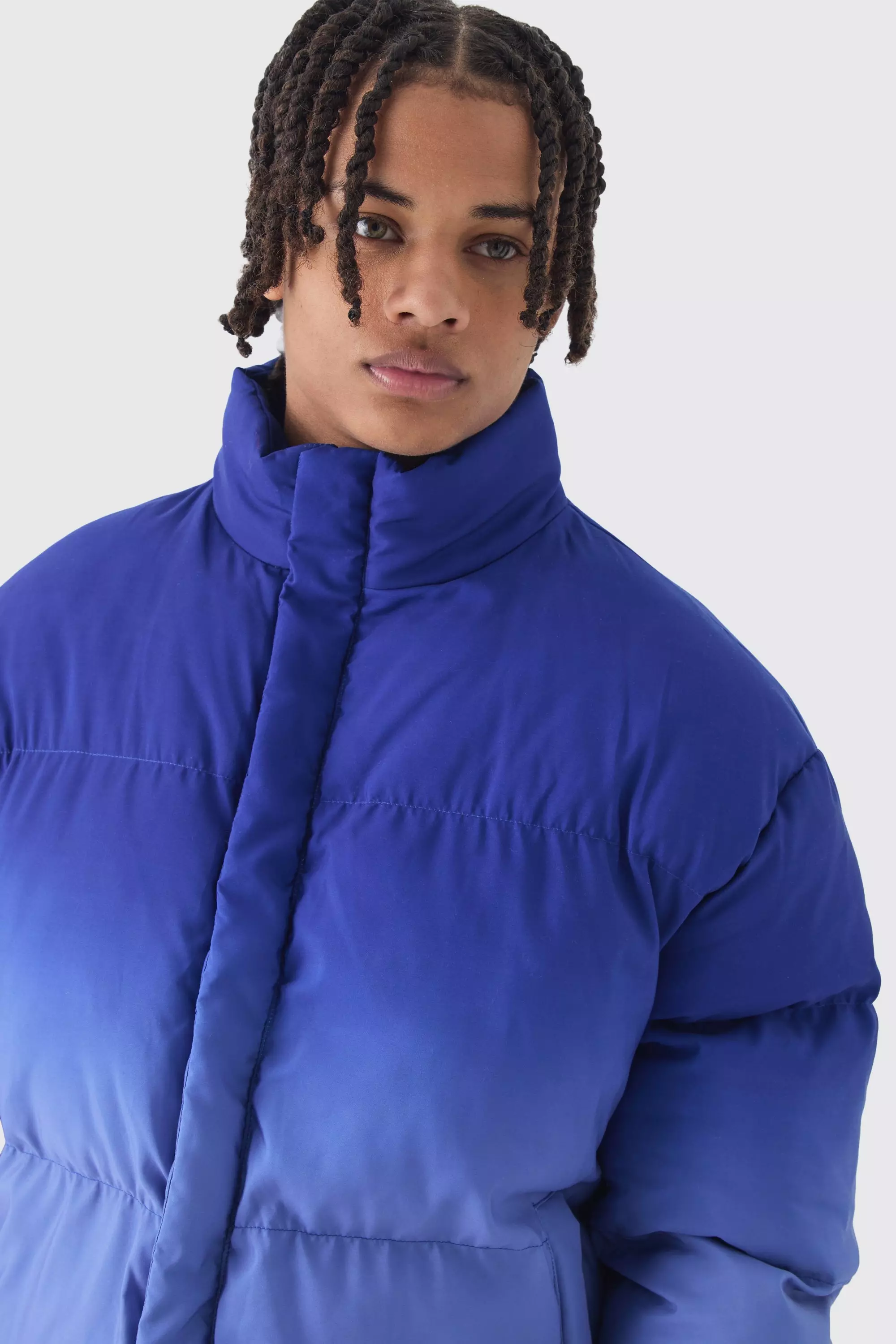 Boxy Ombre Funnel Neck Puffer Coat In Blue boohooMAN USA