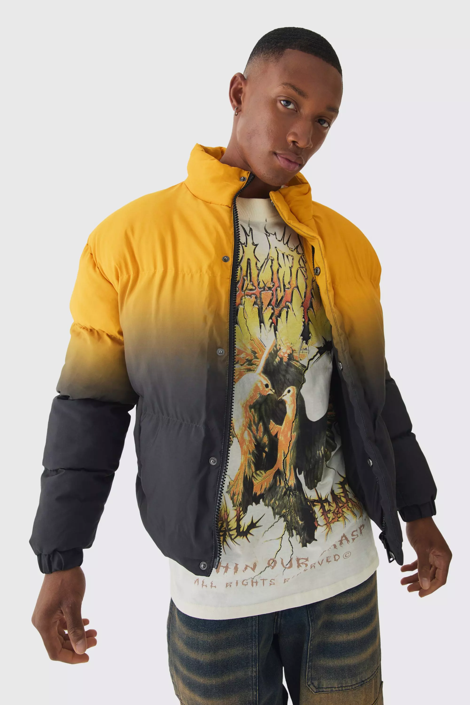 Boxy Ombre Funnel Neck Puffer Coat In Orange boohooMAN UK
