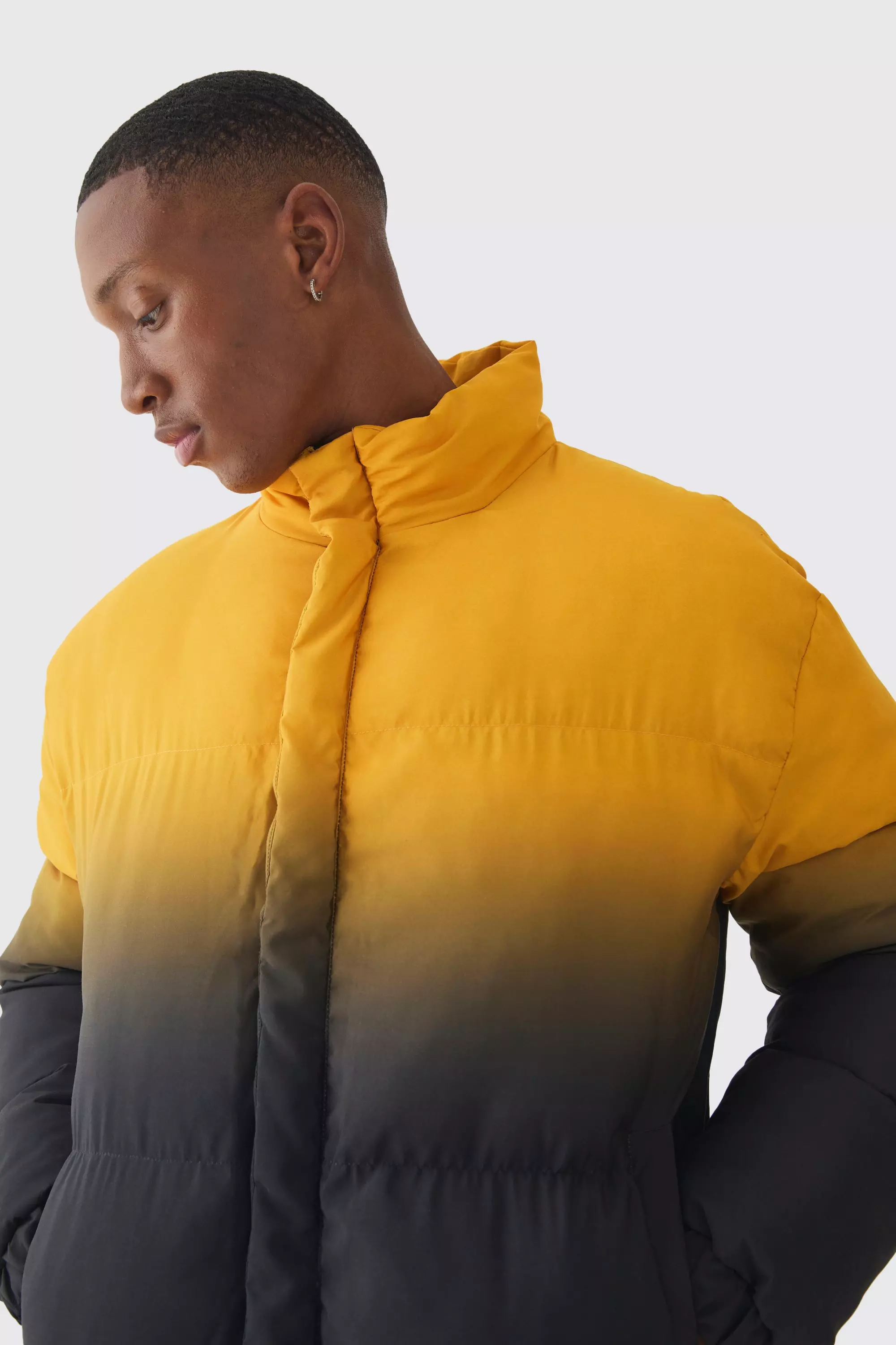 Boxy Ombre Funnel Neck Puffer Coat In Orange boohooMAN IE