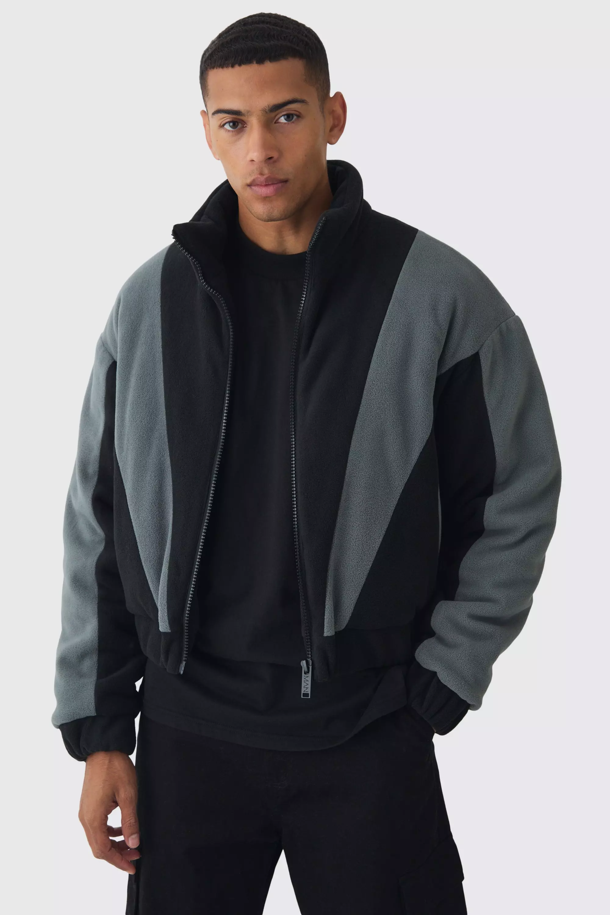 Boxy Colour Block Funnel Neck Fleece Jacket In Black Black