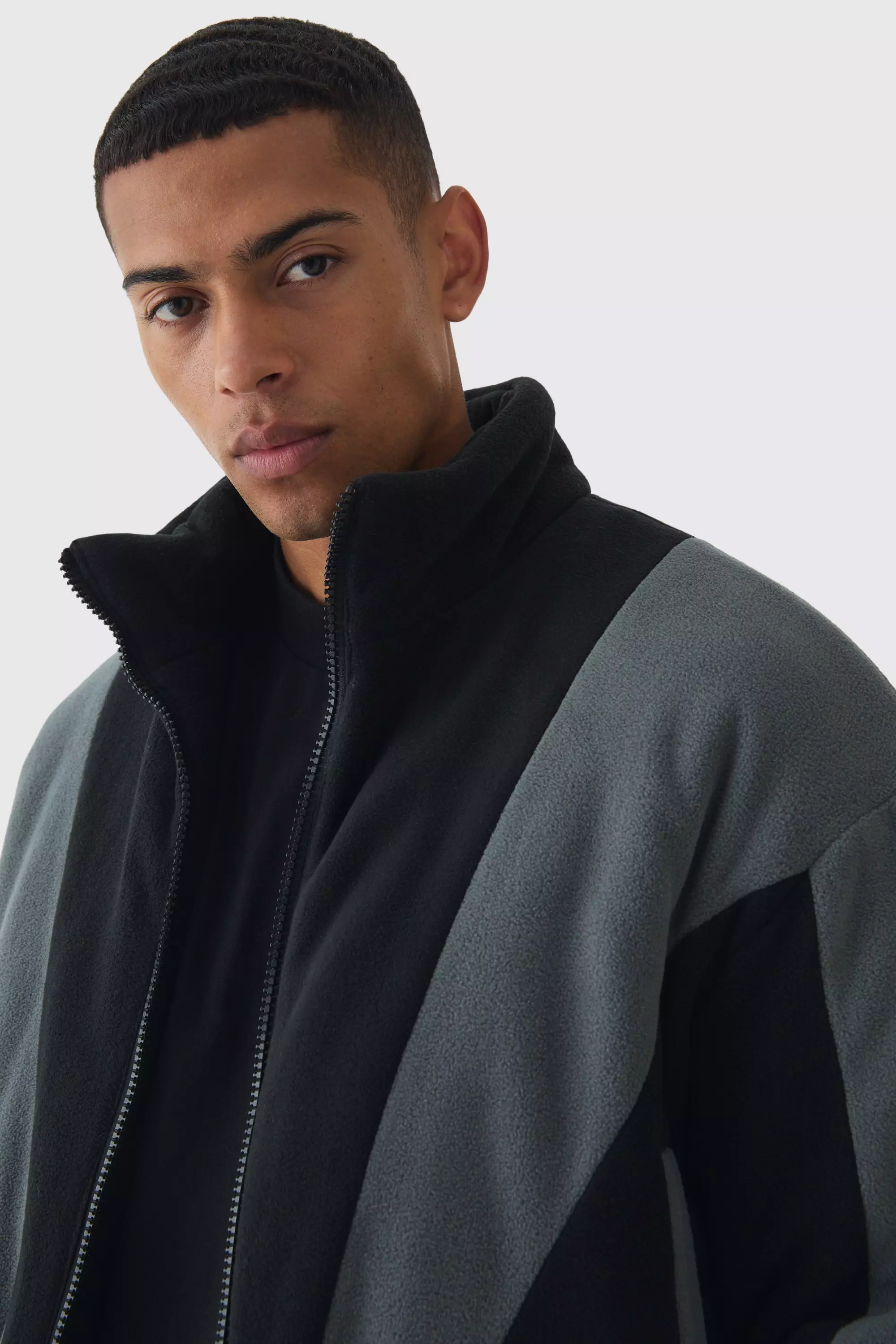 Boxy Colour Block Funnel Neck Fleece Jacket In Black