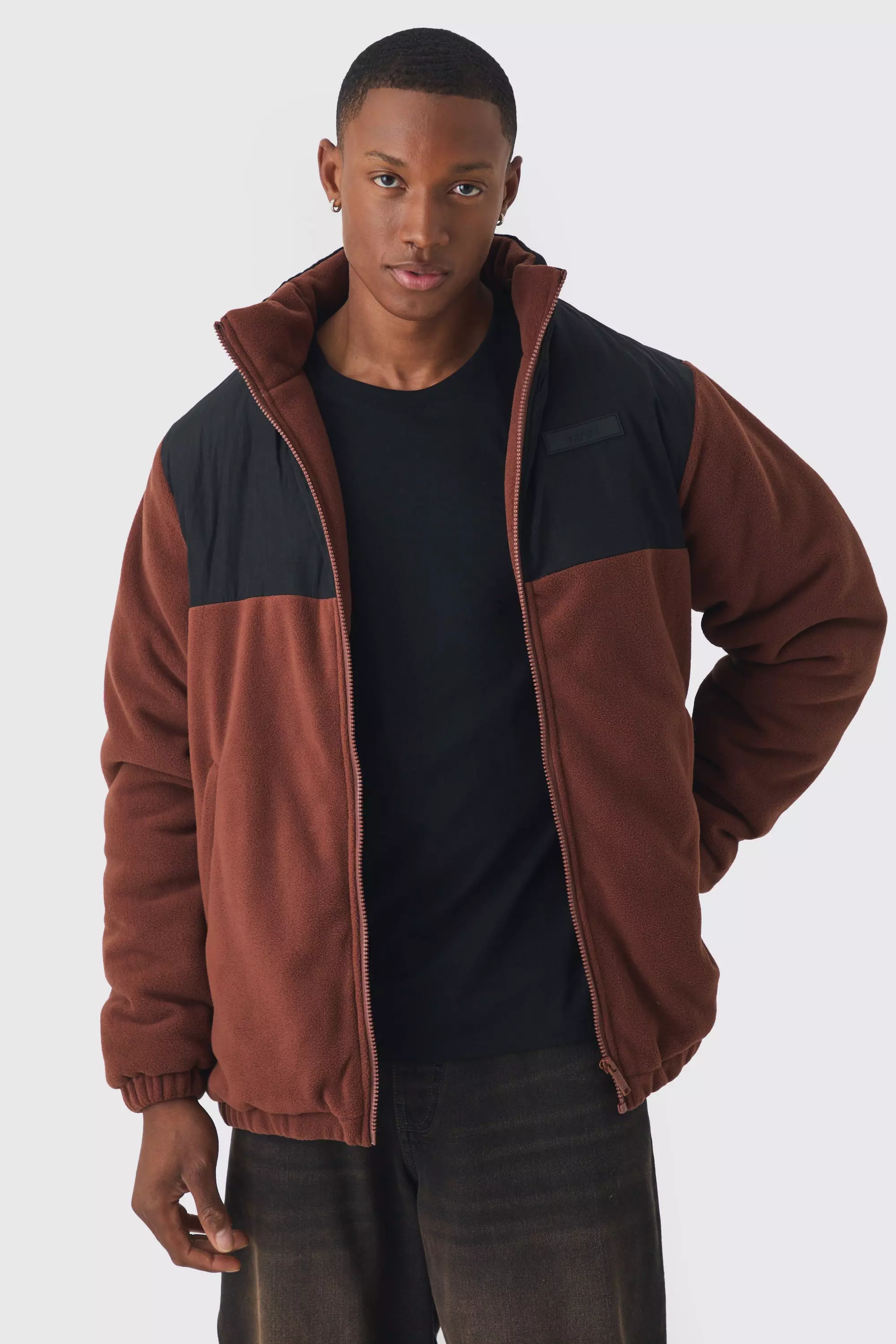 Man Tab Colour Block Fleece Jacket In Brown Brown