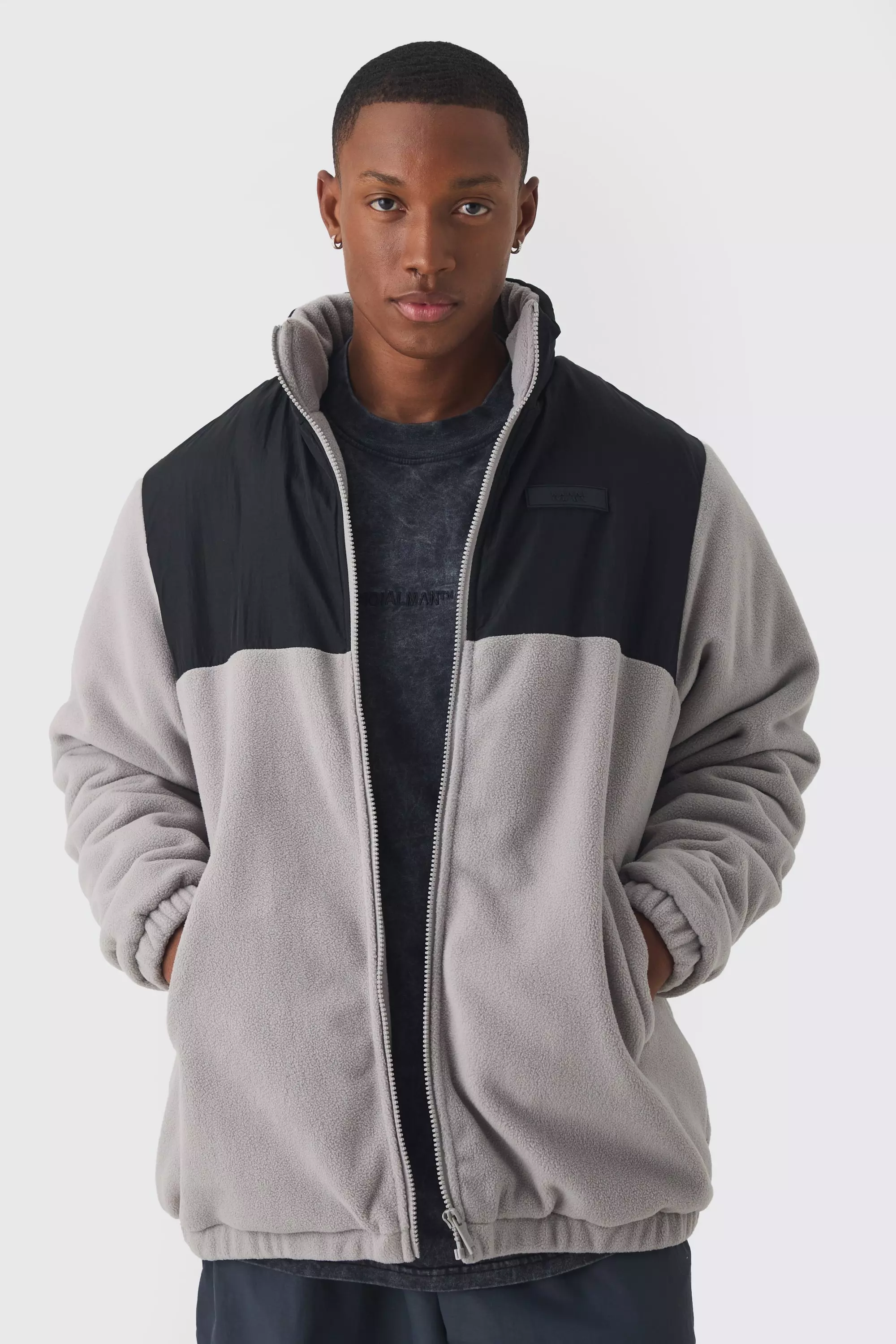 Man Tab Colour Block Fleece Jacket In Grey Grey