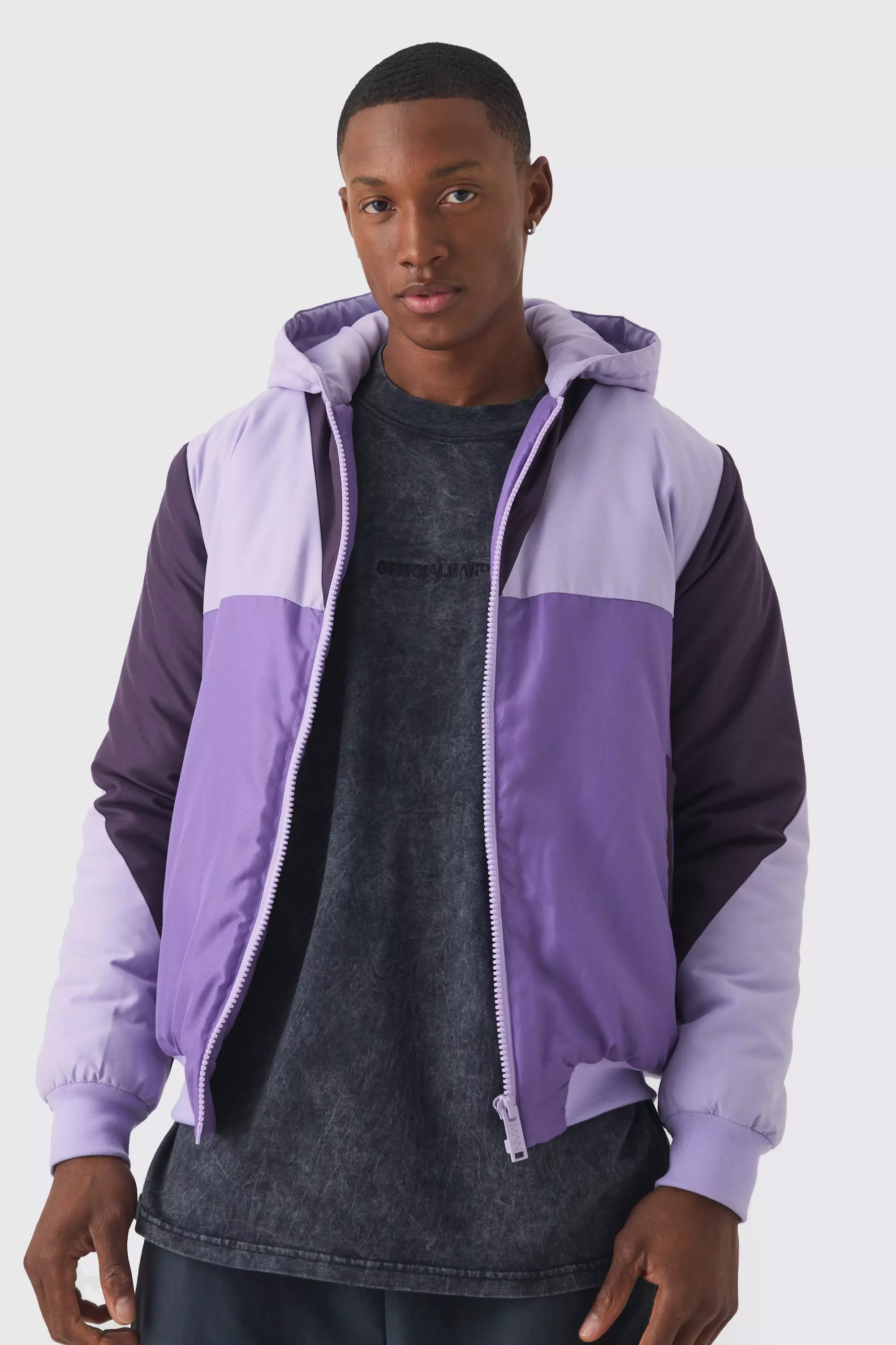 Colour Block Hooded Padded Bomber In Purple Purple