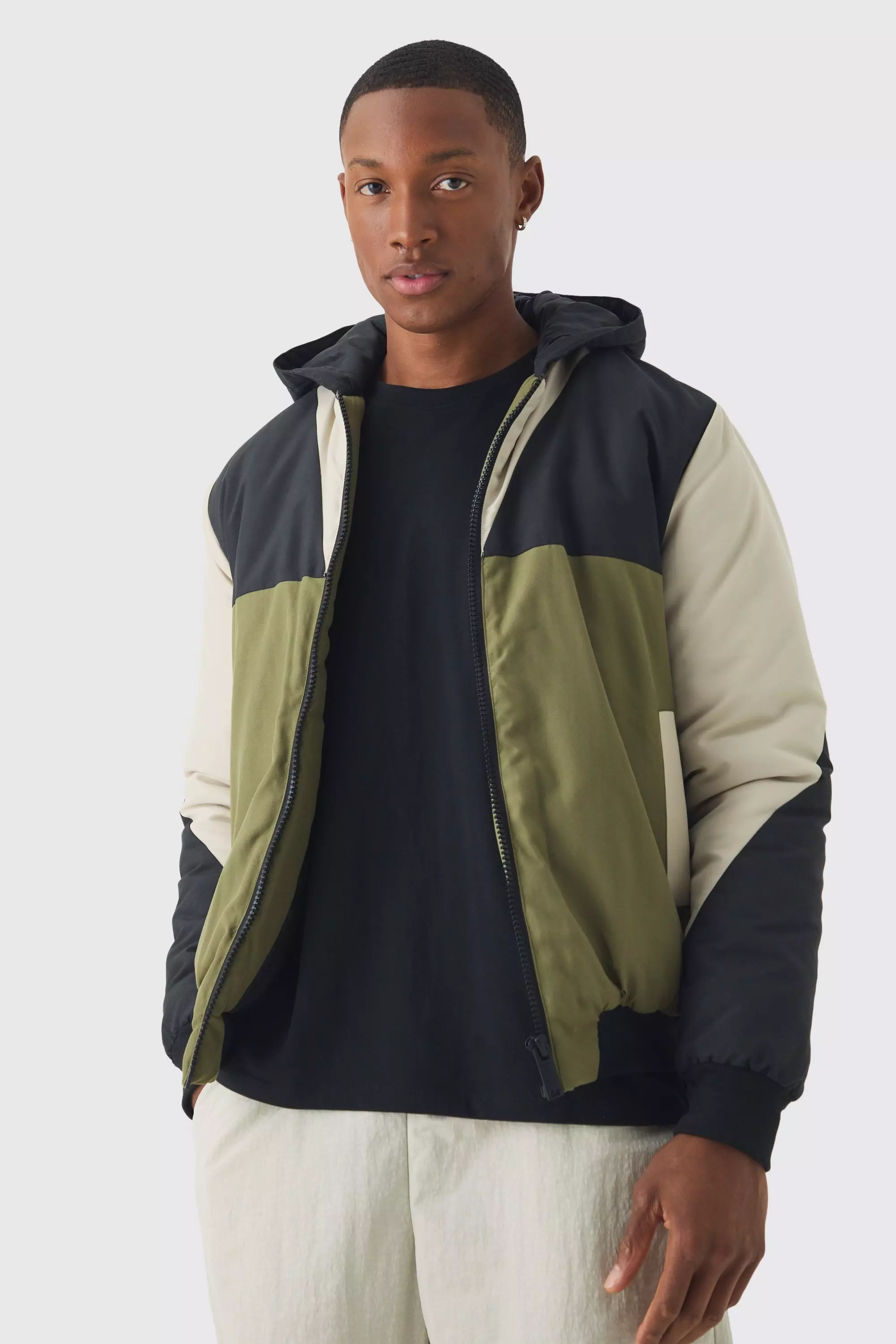 Colour Block Hooded Padded Bomber In Black Black