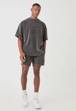 Charcoal Grey Man Velour Oversized T-shirt & Pinktuck Shorts Set
