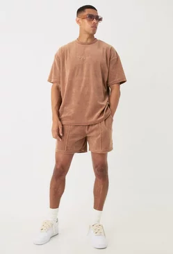 Man Velour Oversized T-shirt & Pinktuck Shorts Set Brown