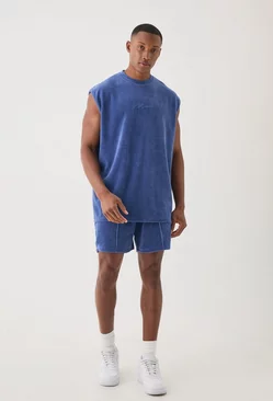 Blue Man Velour Oversized Tank & Pinktuck Shorts Set