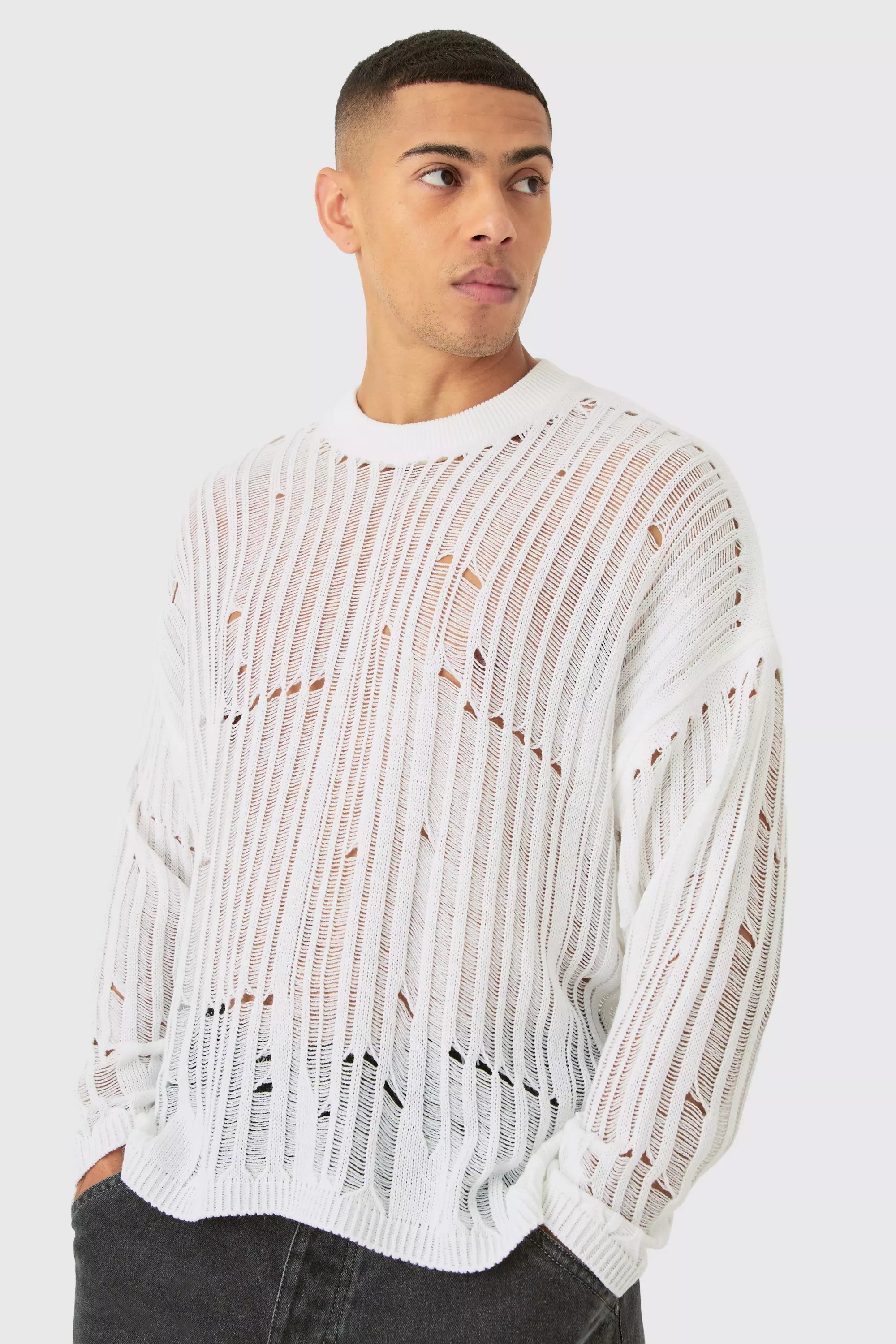 White Oversized Ladder Detail Open Knit Jumper In White