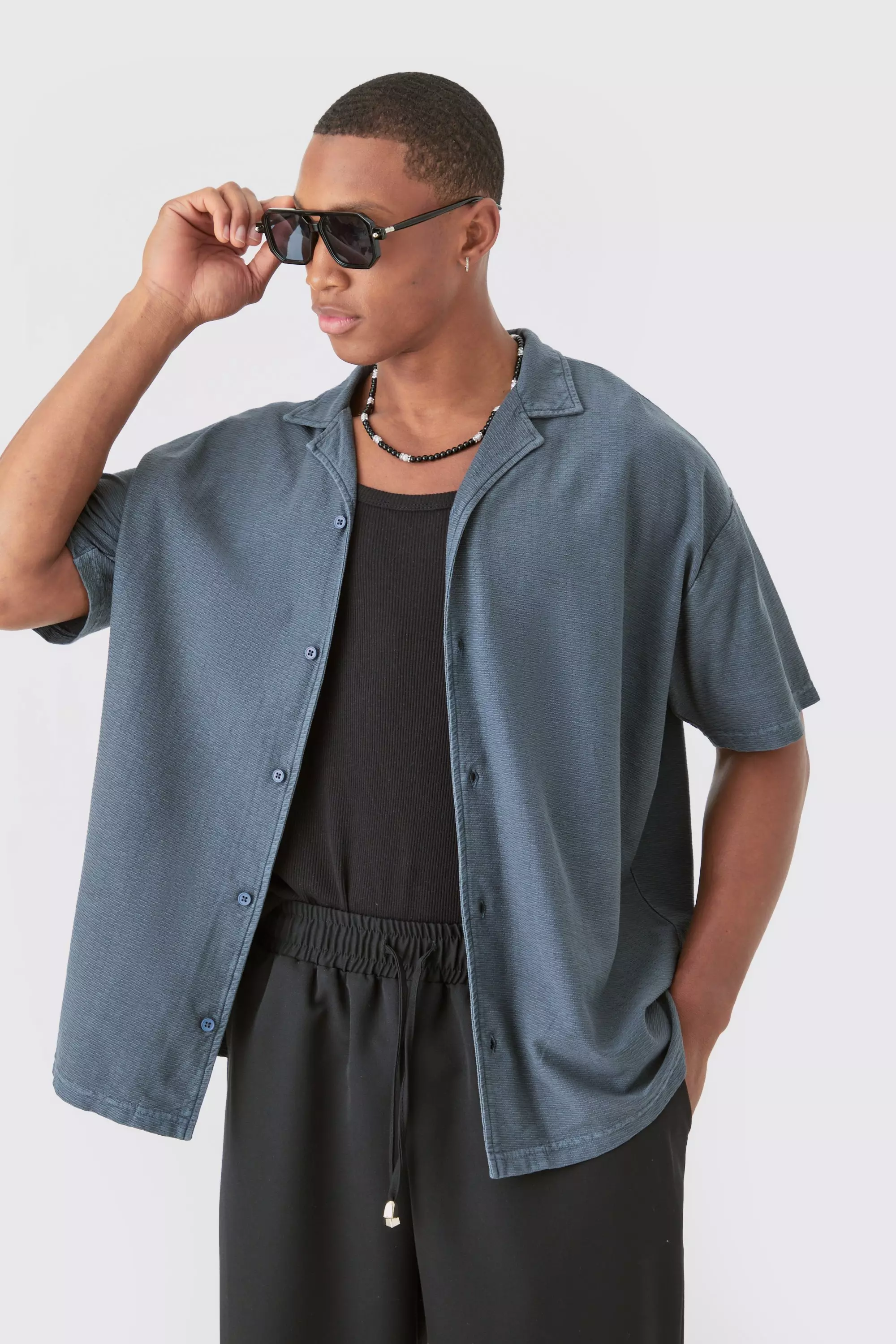 Camicia Slavata Con Trama, Spalle Scese E Rever, Charcoal immagine alternativa