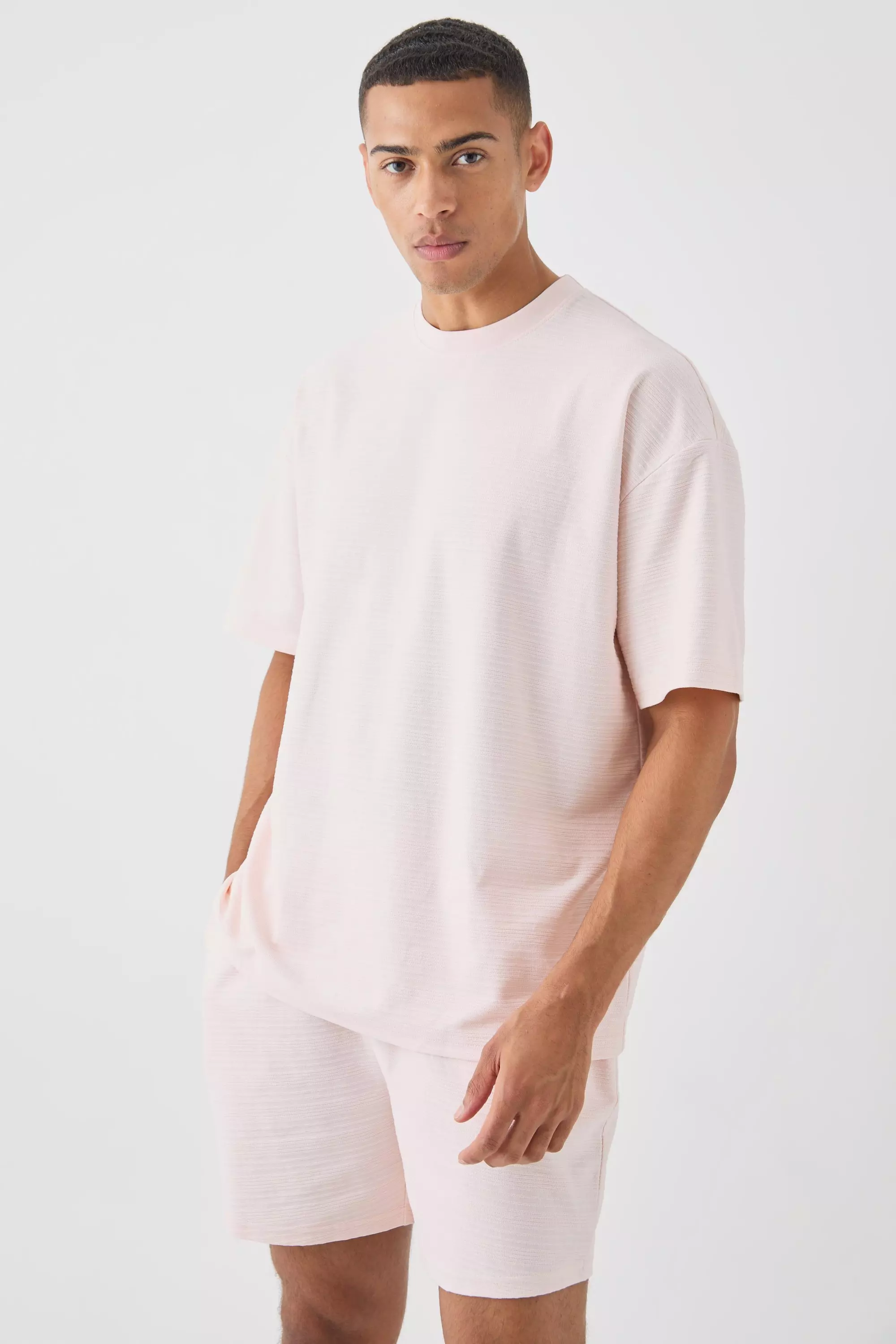 Oversized Jacquard Stripe T-shirt & Short Set Pastel pink