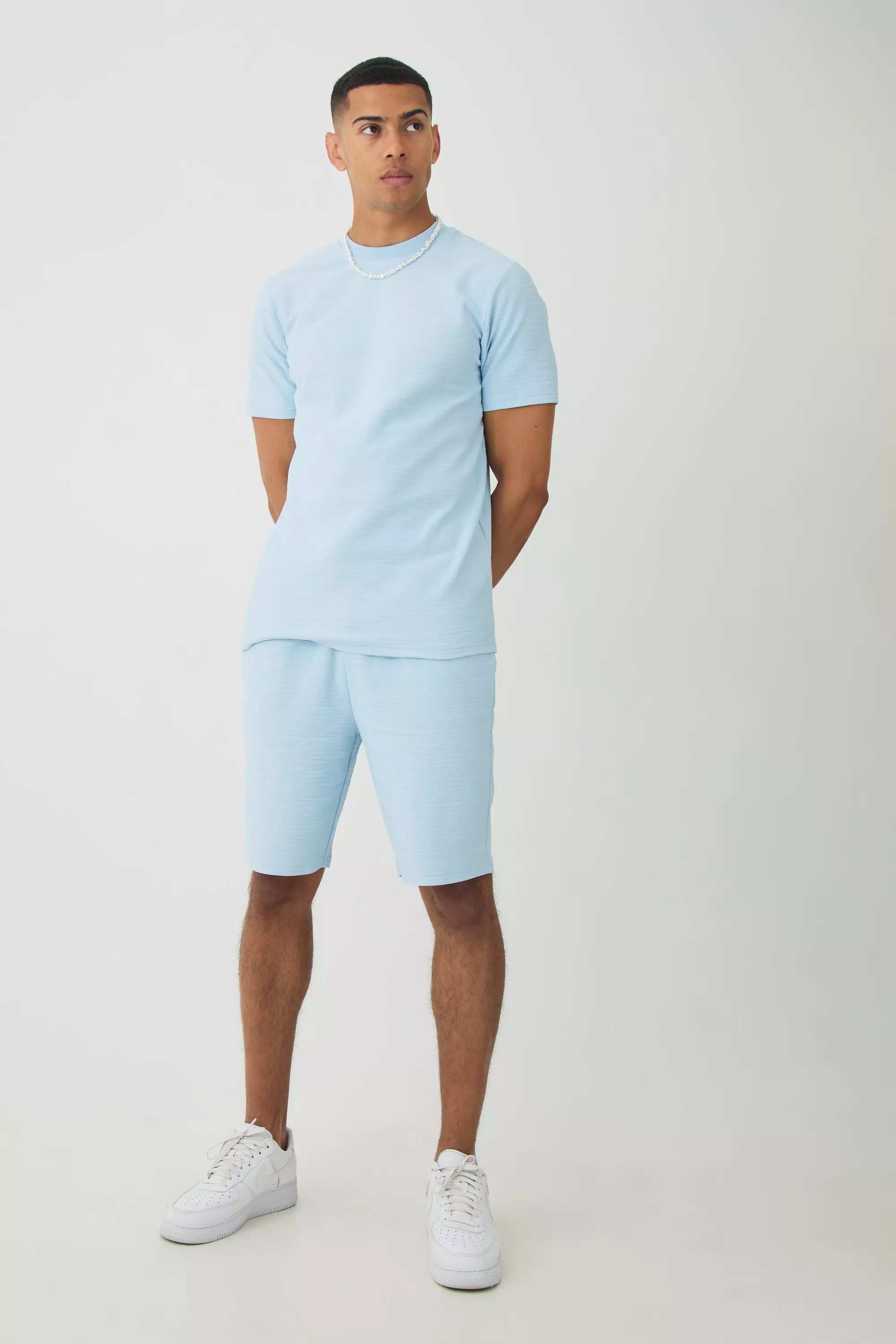 Slim Jacquard Stripe T-shirt & Short Set Dusty blue