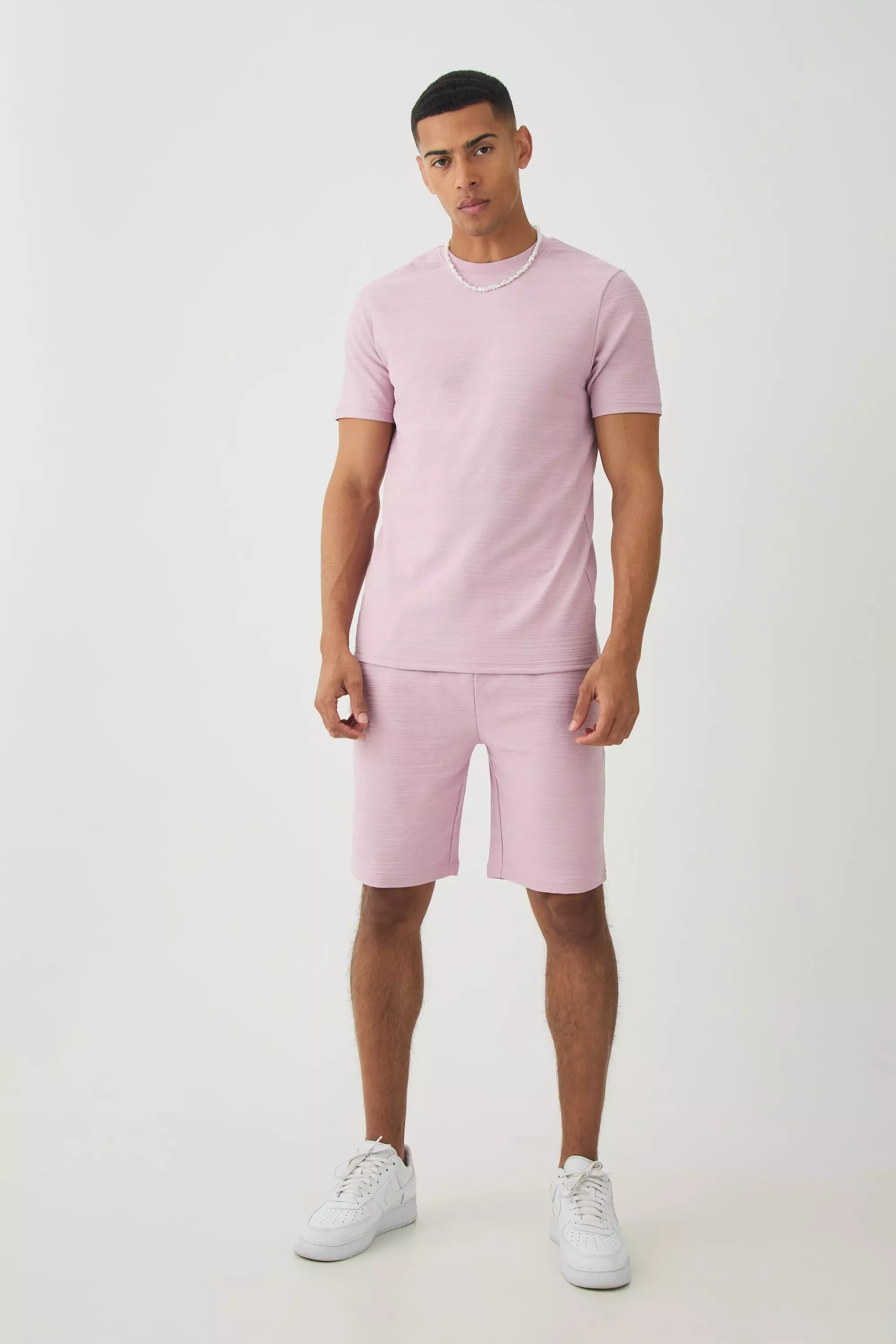 Pink Slim Jacquard Stripe T-shirt & Short Set