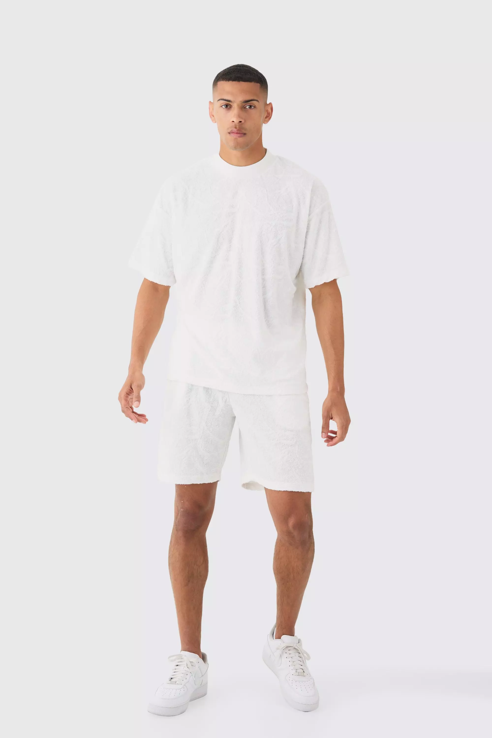 Oversized Burnout Towelling Jacquard T-shirt & Short Set White