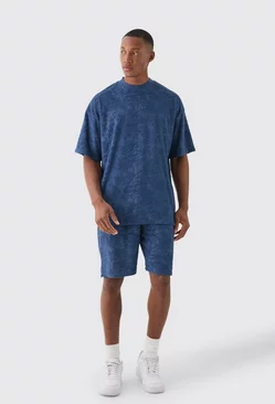 Navy Oversized Burnout Towelling Jacquard T-shirt & Short Set