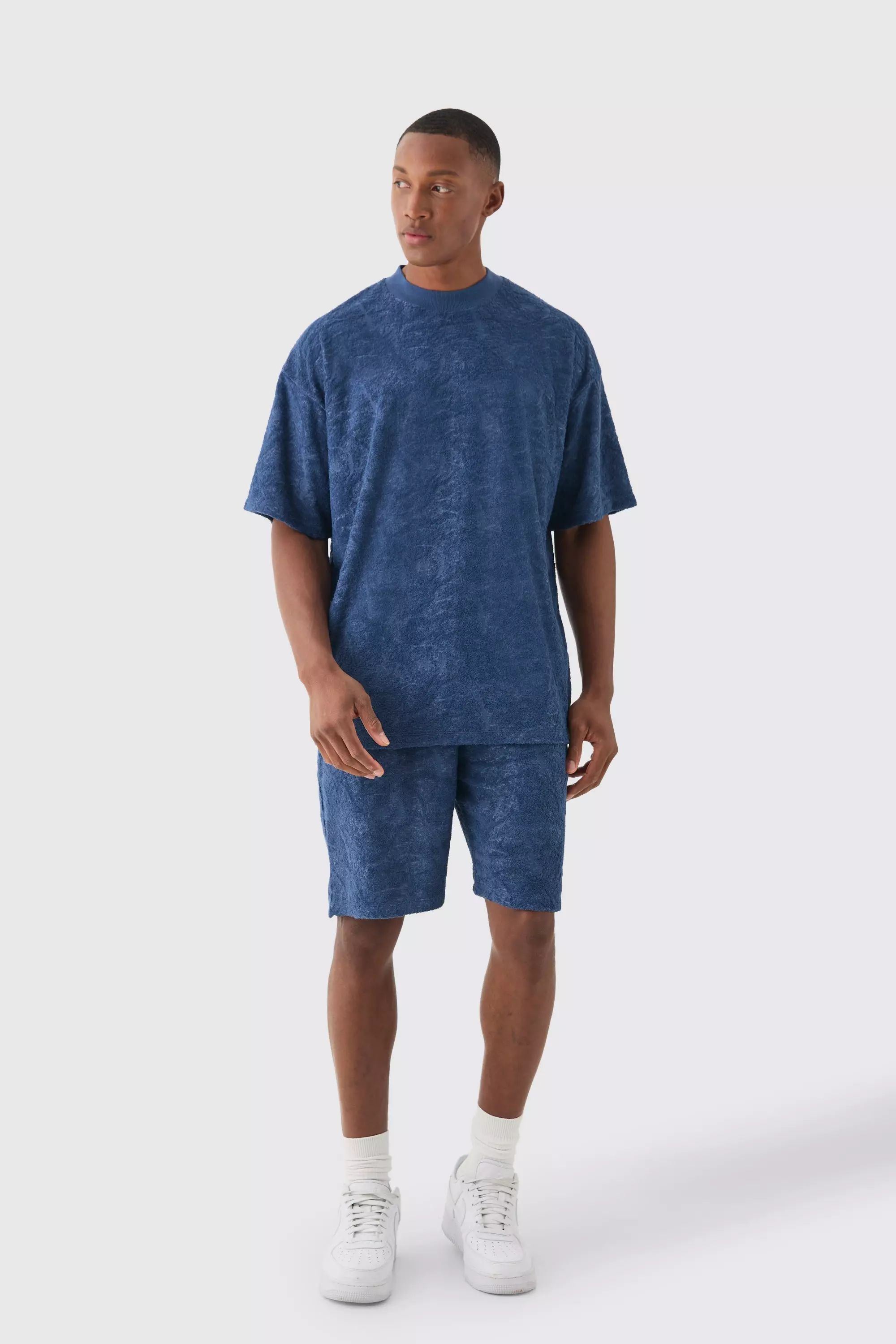 Oversized Burnout Towelling Jacquard T-shirt & Short Set Navy