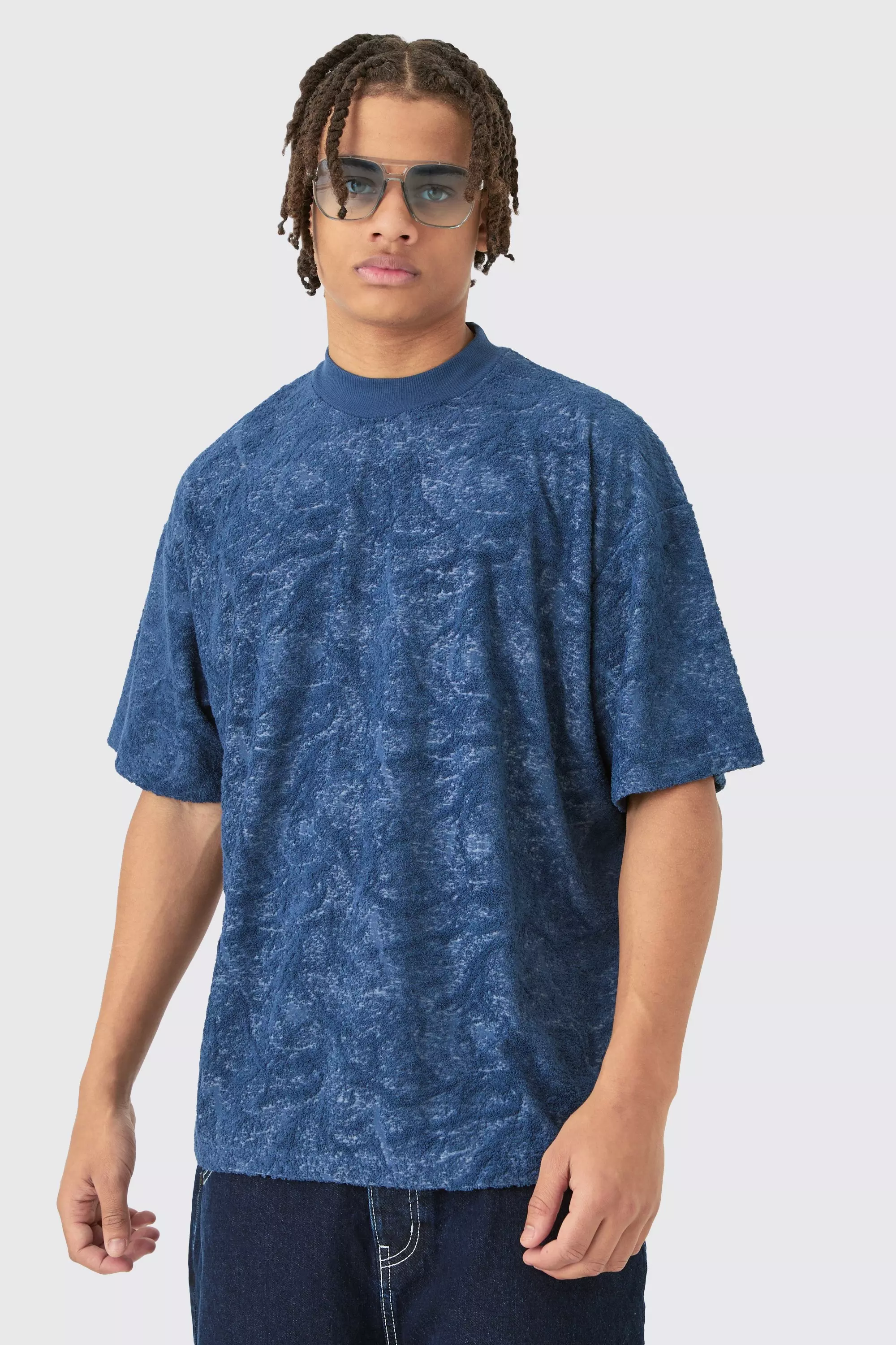 Oversized Burnout Towelling Jacquard T-shirt Navy