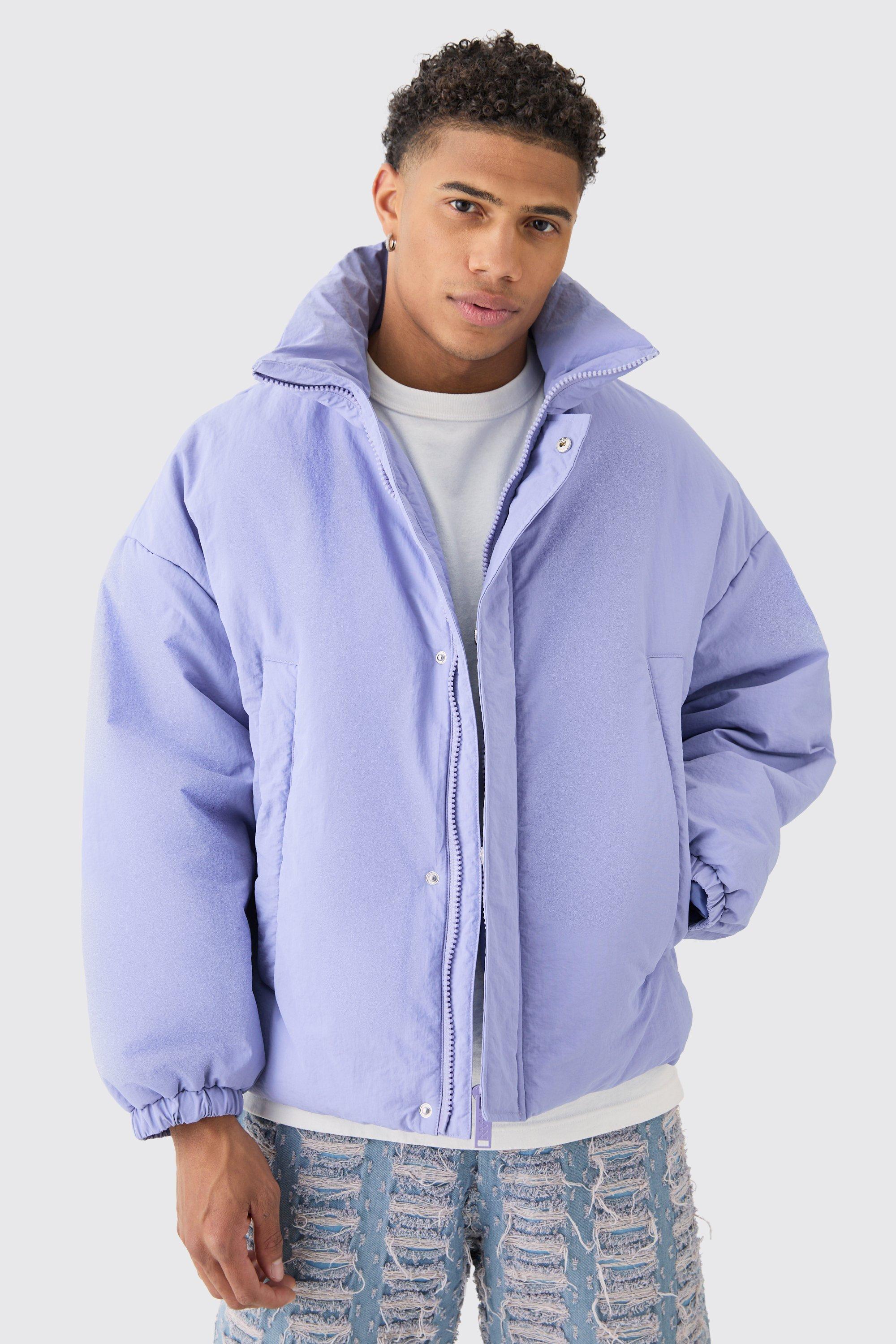 Oversized Boxy Padded Funnel Neck Coat In Lilac boohooMAN UK