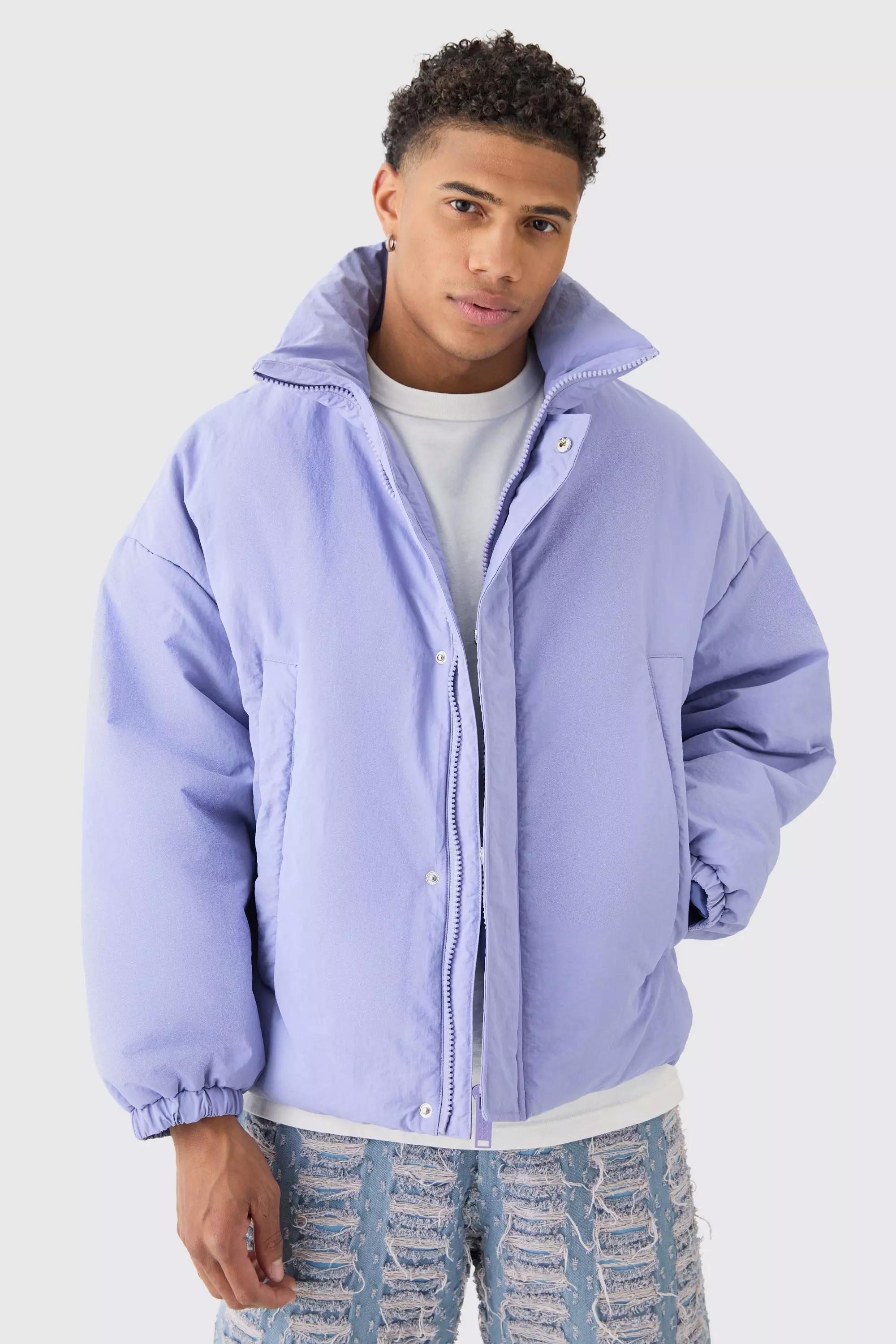 boohoo Women s Oversized Boxy Padded Funnel Neck Coat in Lilac Blue Casual Jackets