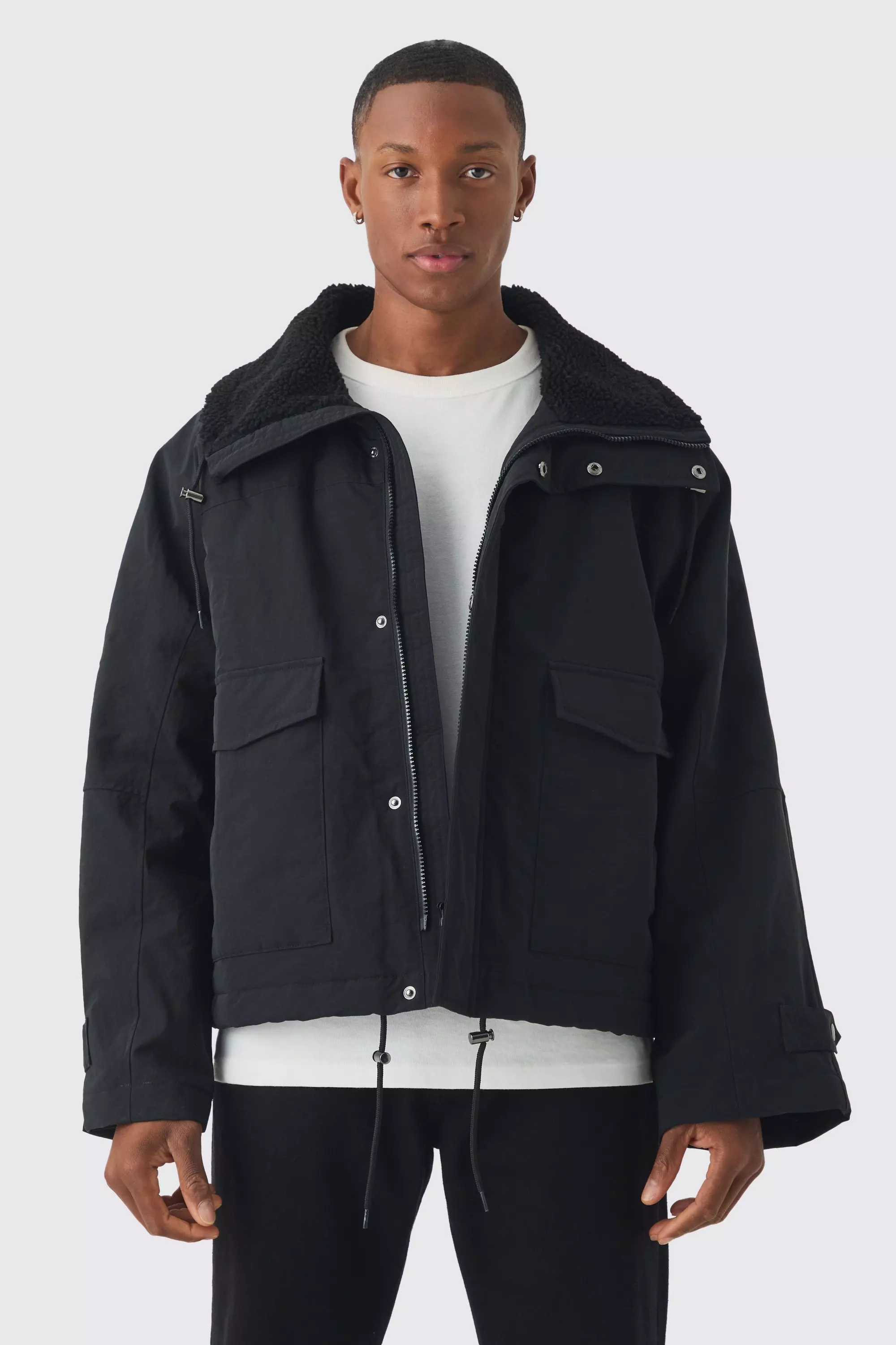 Black Borg Collar Parka In Black