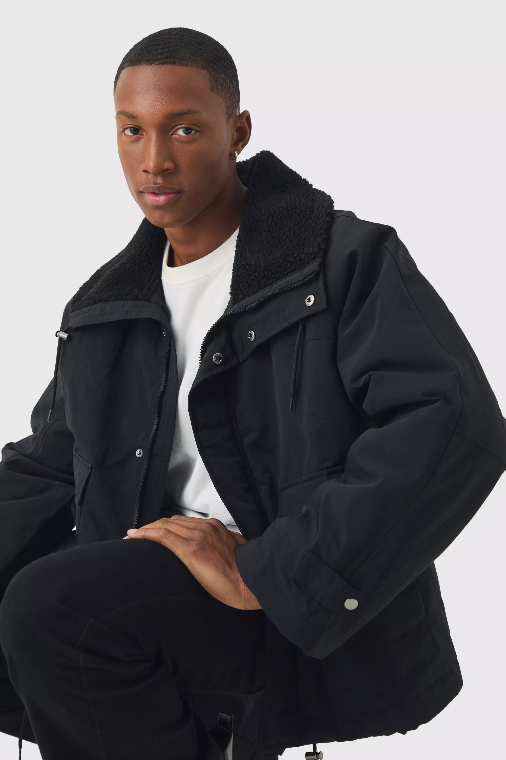 Parka Nero Con Colletto In Pile Borg, Black immagine alternativa