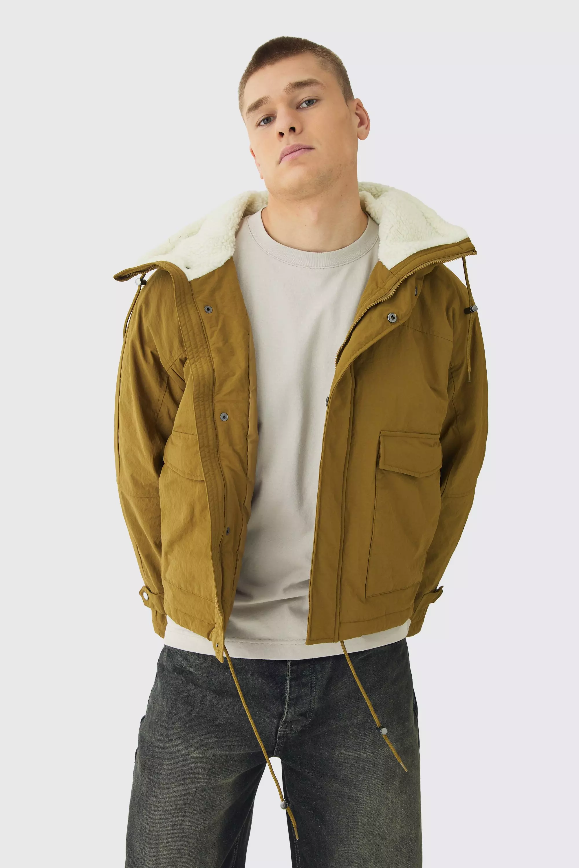 Borg Collar Parka In Khaki Khaki