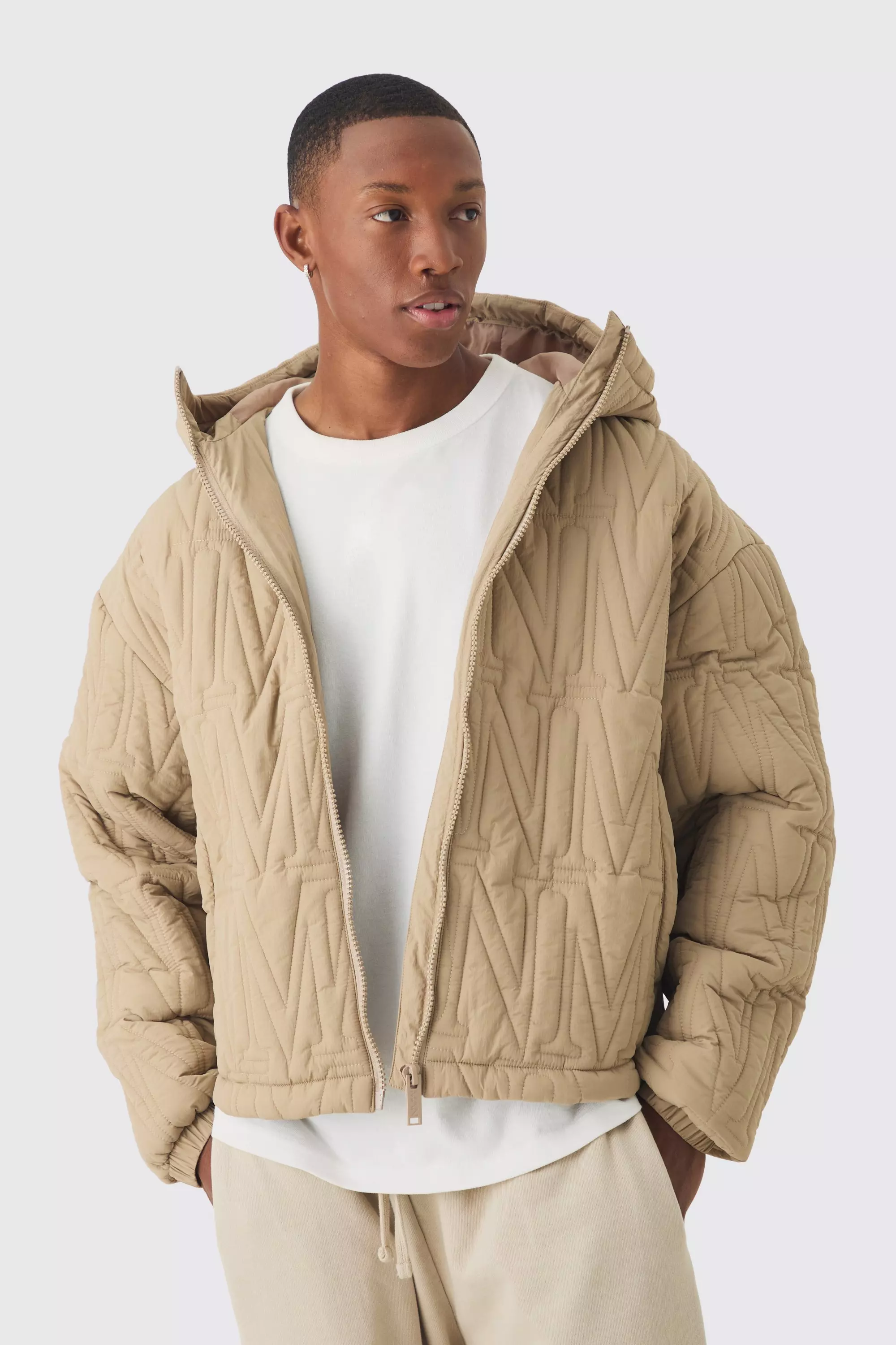 Beige Man Quilted Hooded Puffer Coat In Taupe