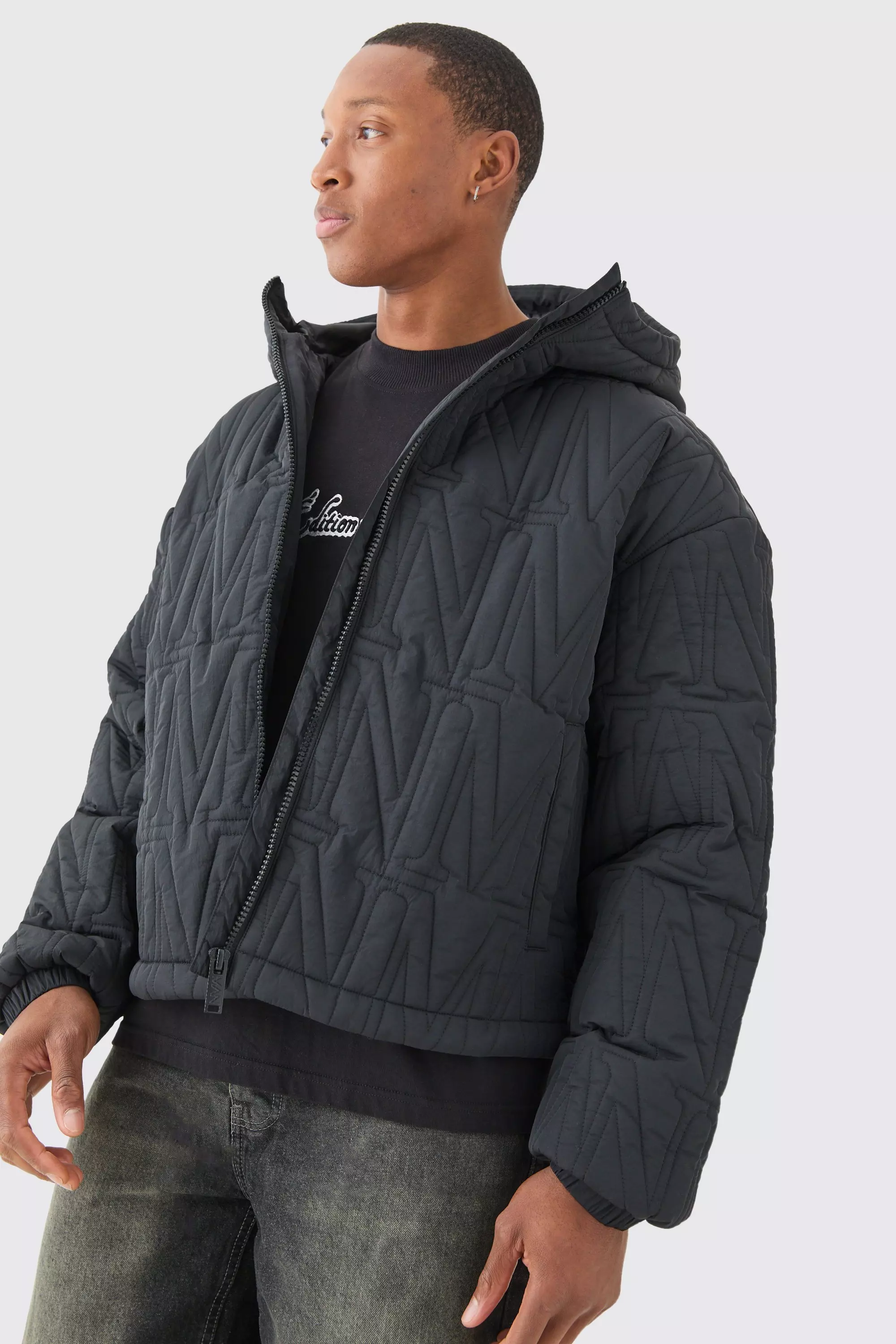 Man Quilted Hooded Puffer Coat In Black boohooMAN USA