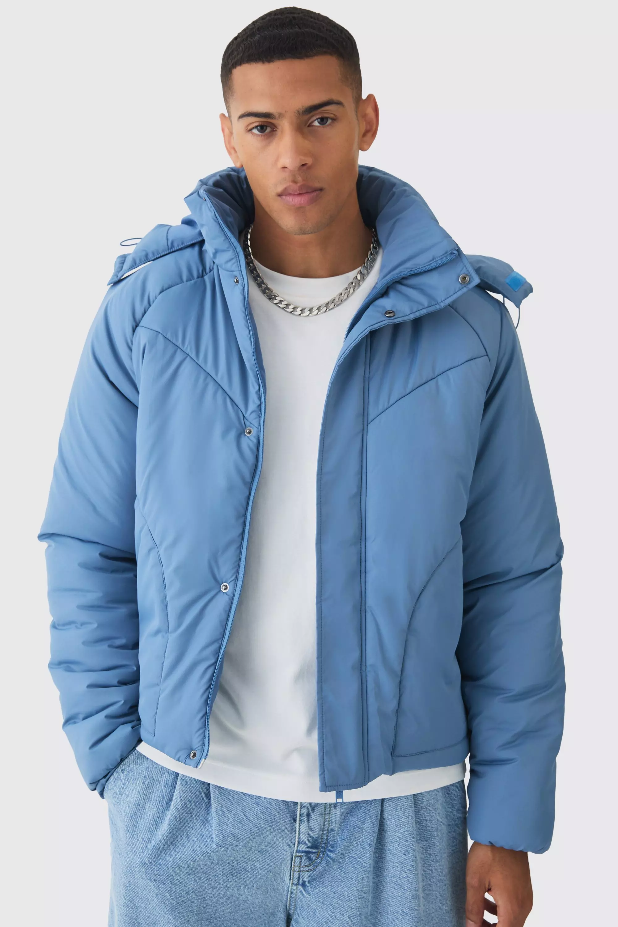 Boxy Quilted Hooded Puffer Coat In Blue alternative image