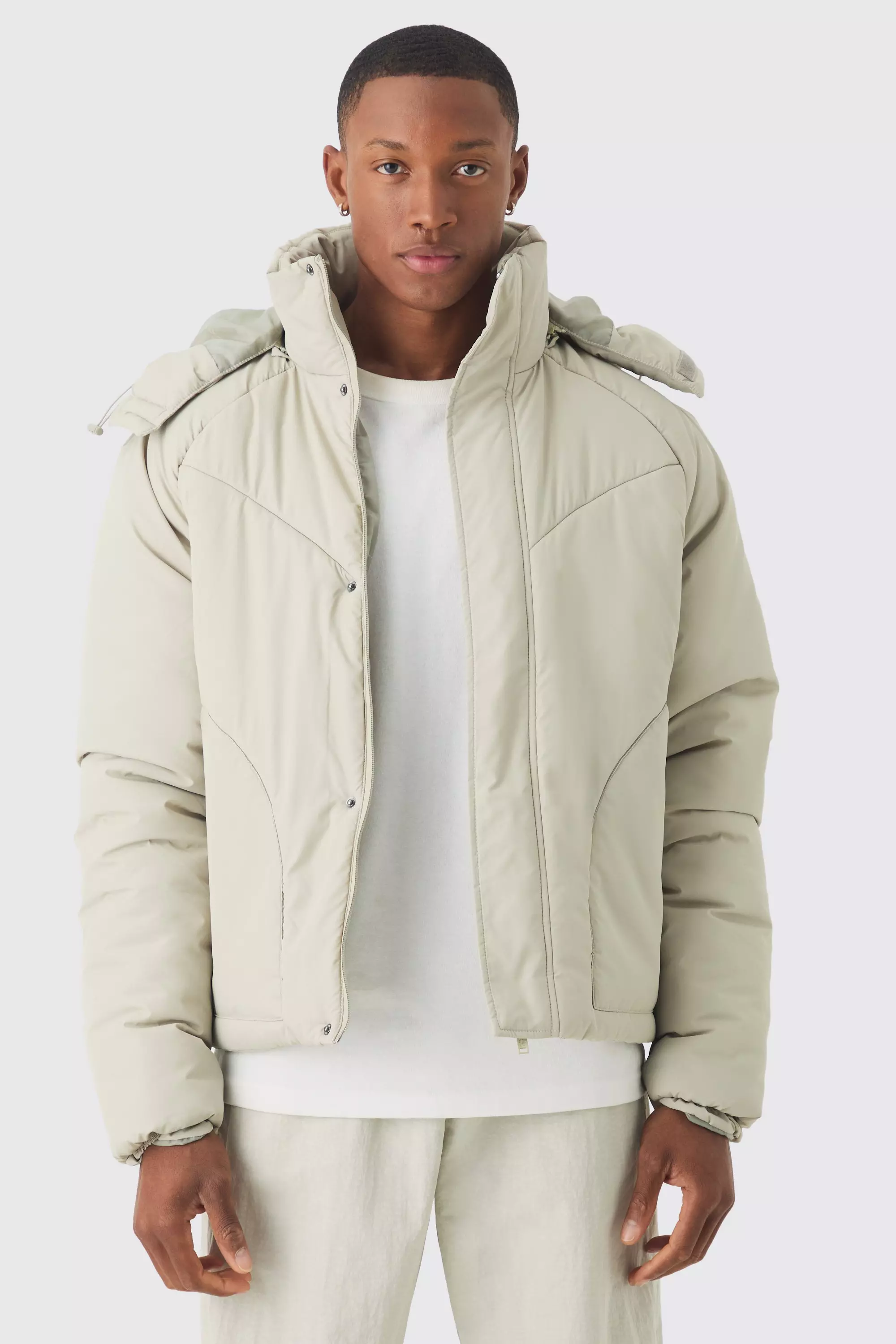 Beige Boxy Quilted Hooded Puffer Coat In Taupe