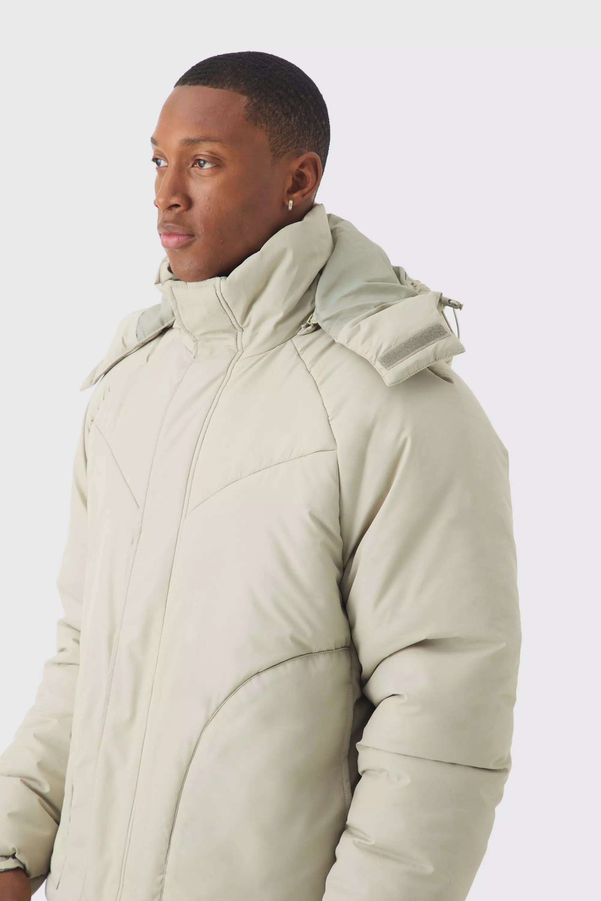 Boxy Quilted Hooded Puffer Coat In Taupe alternative image